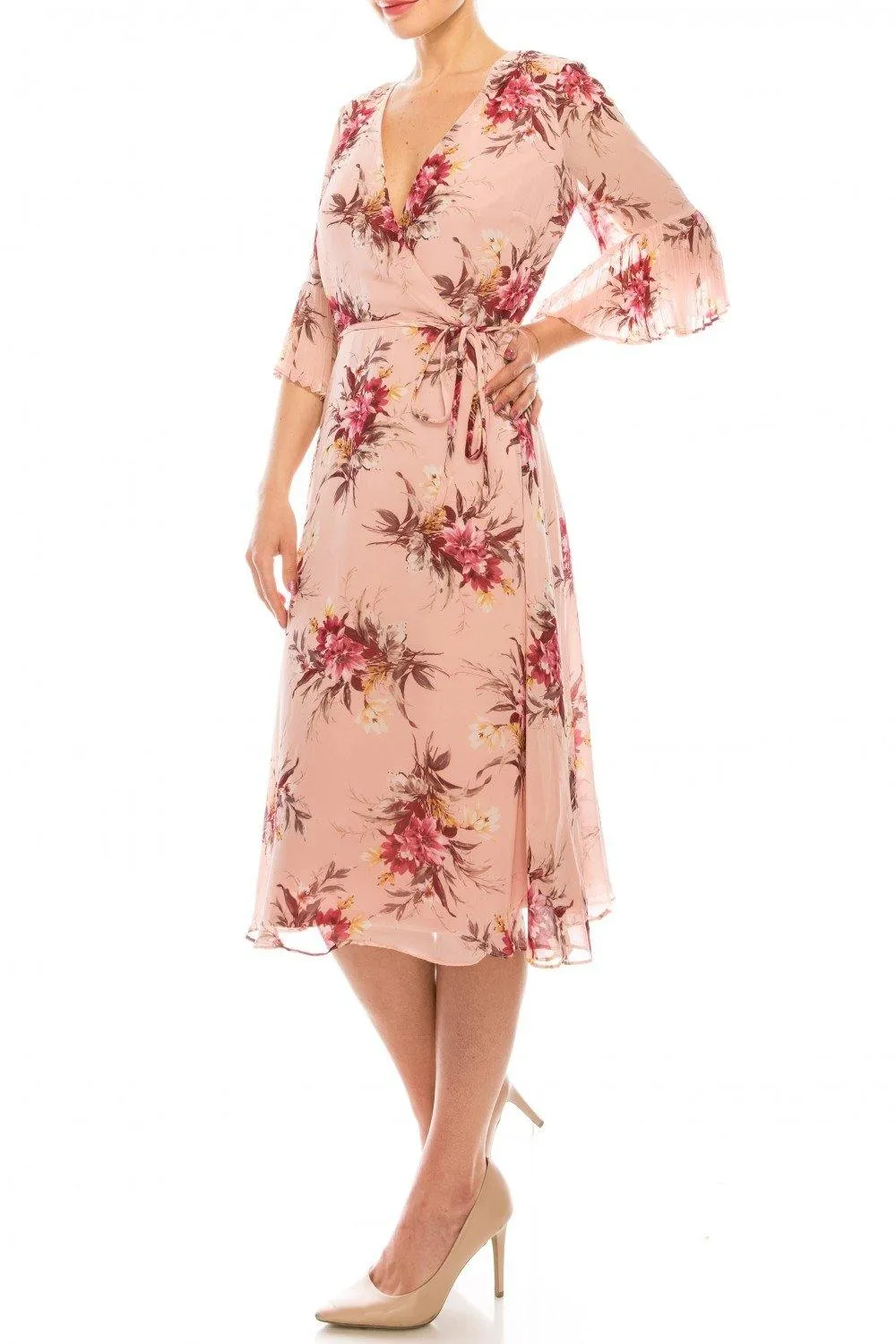 Sandra Darren Floral Printed Midi Faux Wrap Dress