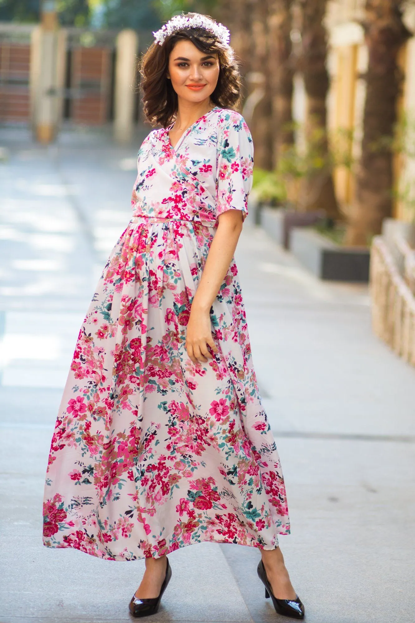 Snow White Blossom Maternity & Nursing Wrap Dress