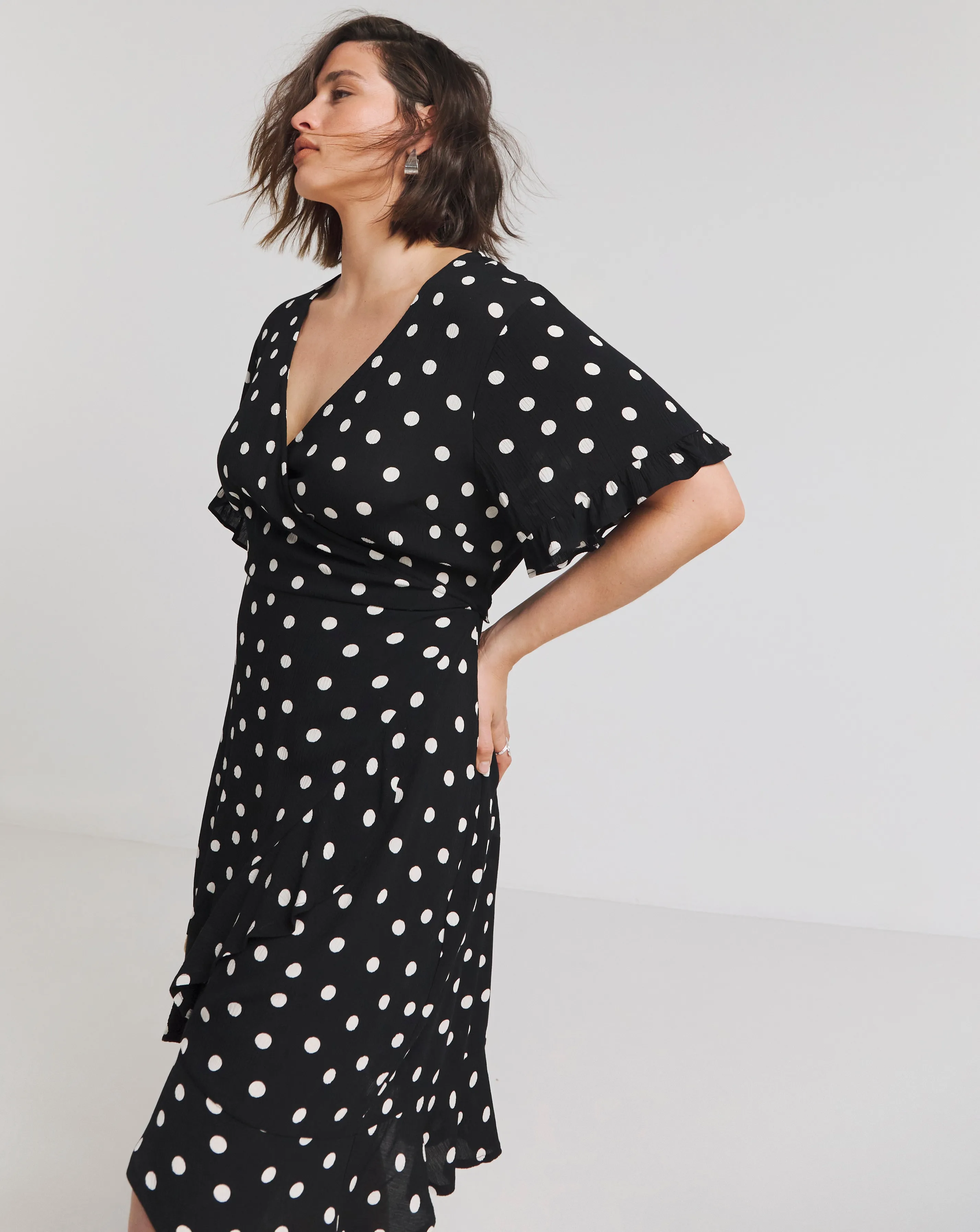 Spot Print Crinkle Wrap Front Skater Dress | Simply Be