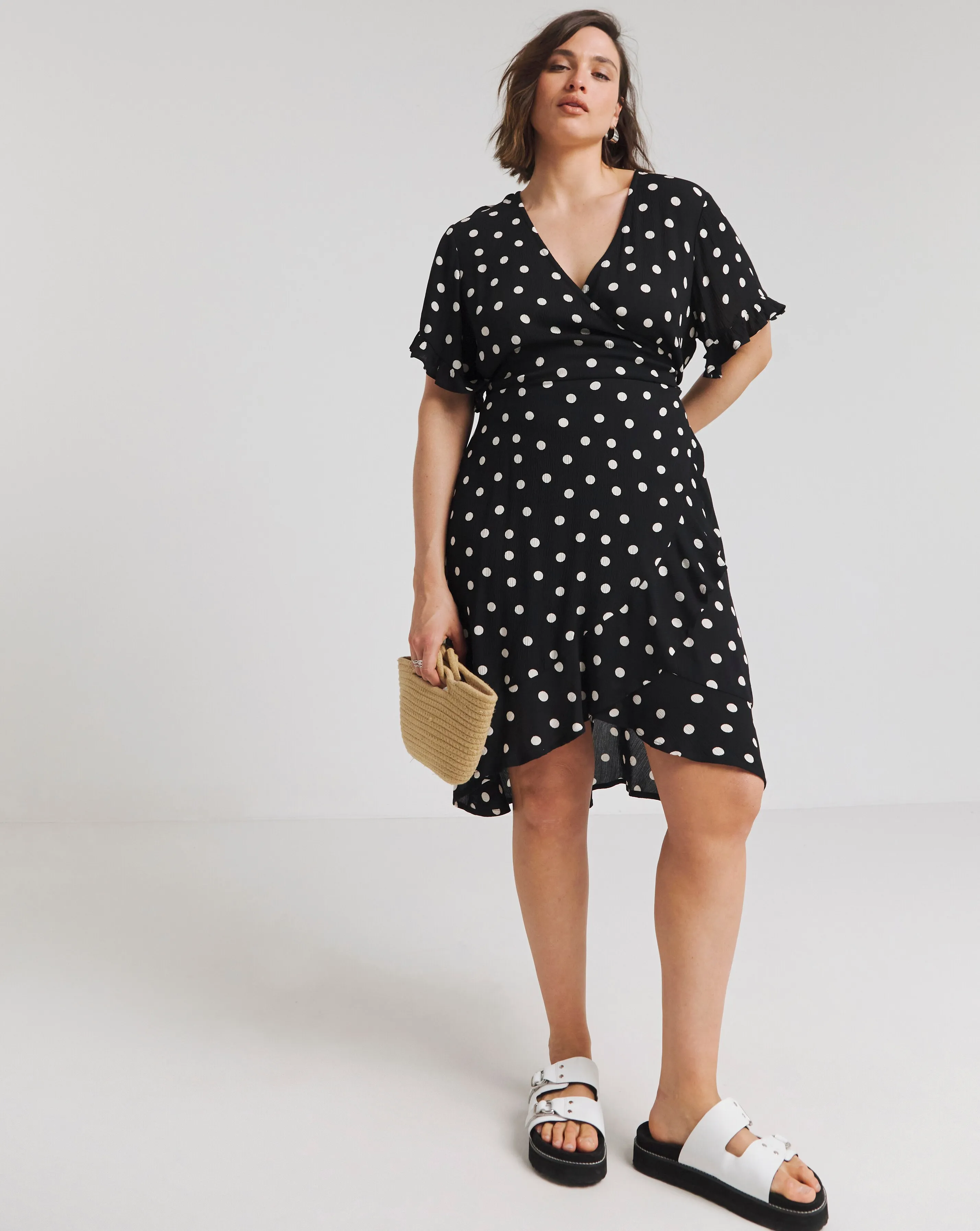 Spot Print Crinkle Wrap Front Skater Dress | Simply Be