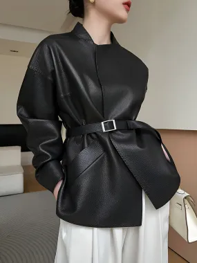 Stand Collar Belted Faux Leather Jacket