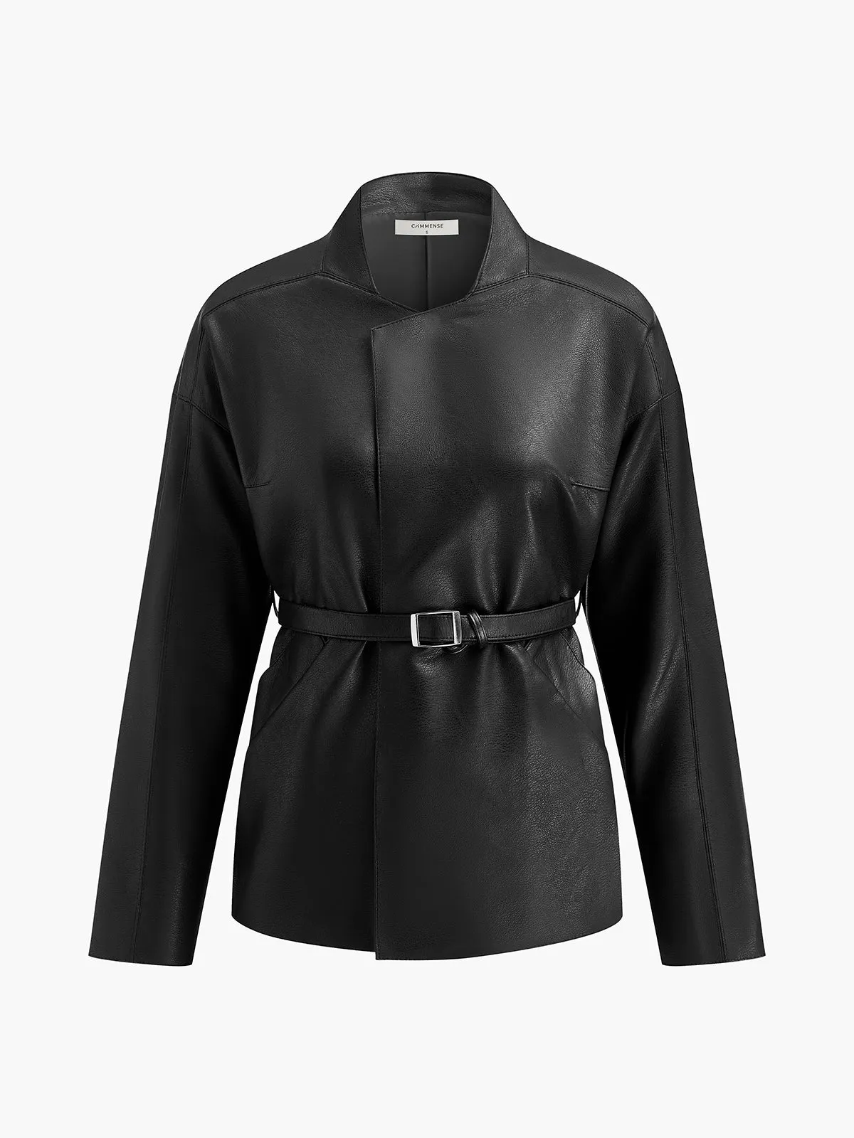 Stand Collar Belted Faux Leather Jacket