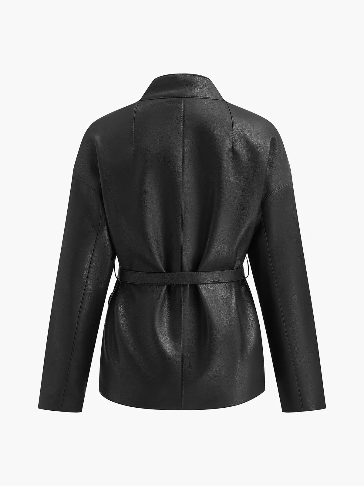 Stand Collar Belted Faux Leather Jacket