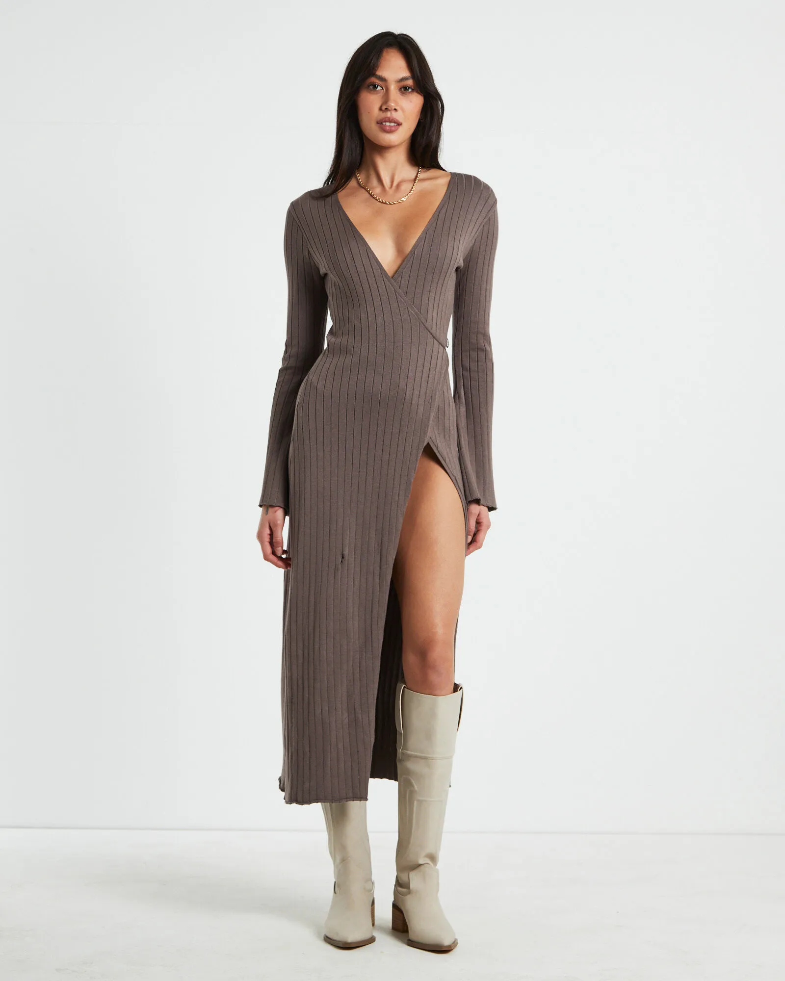 Subtitled Mara Wrap Knit Midi Dress Mocha