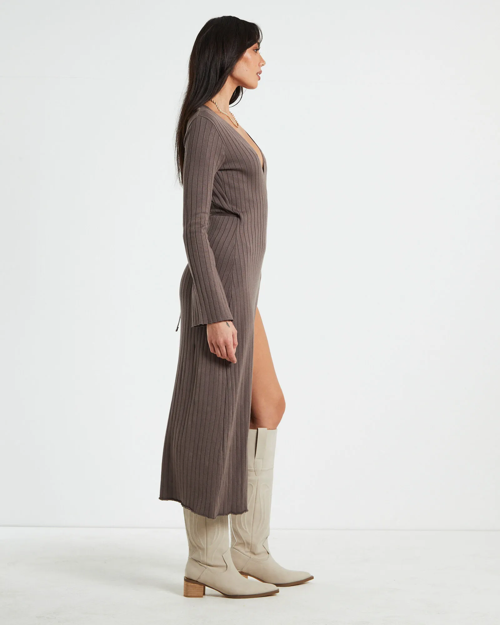 Subtitled Mara Wrap Knit Midi Dress Mocha