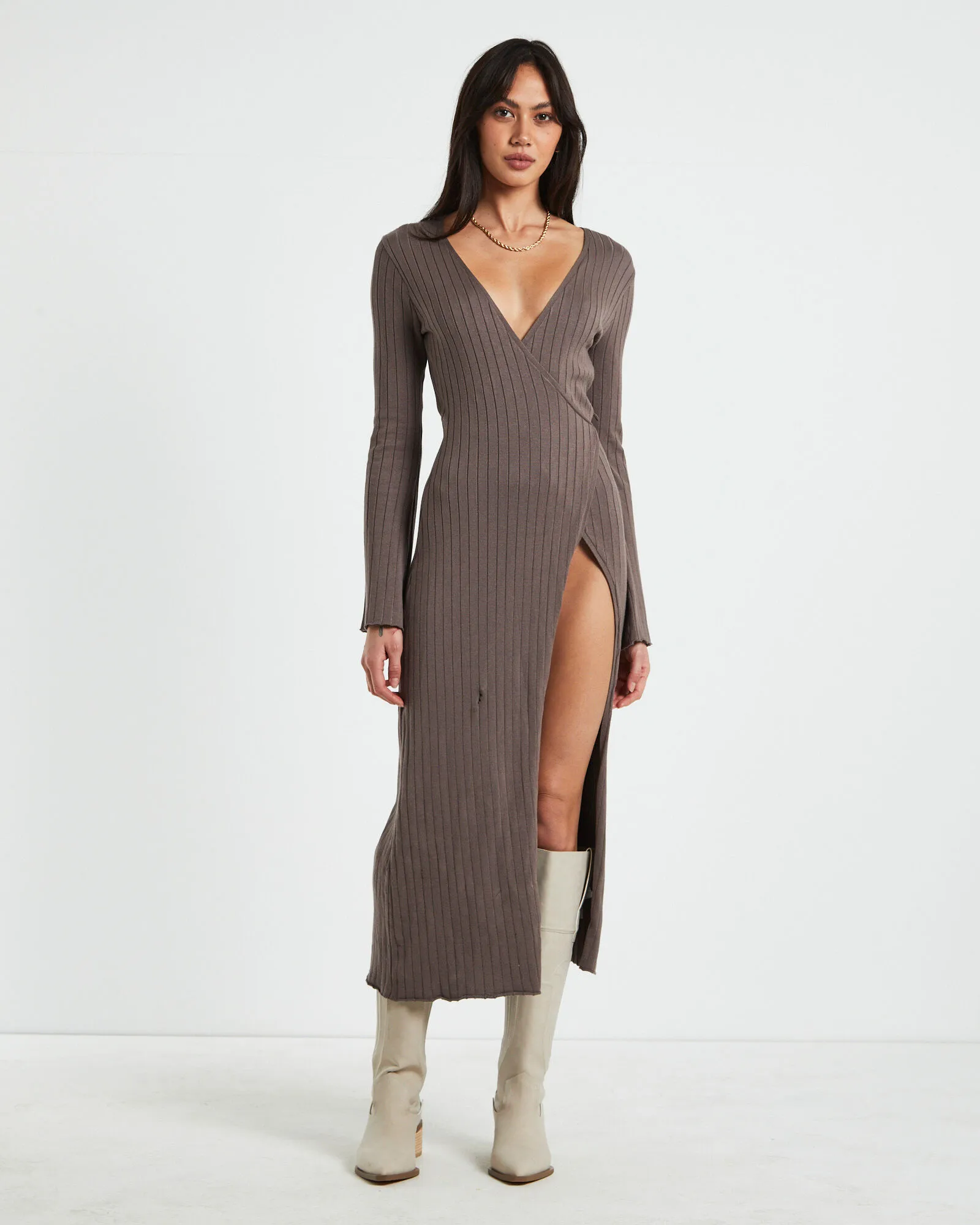 Subtitled Mara Wrap Knit Midi Dress Mocha