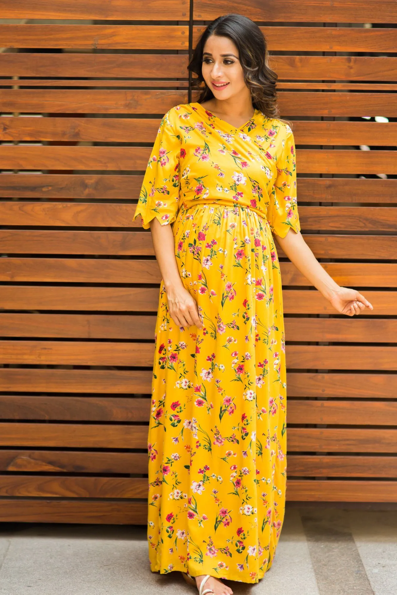 Sunny Yellow Blossom Maternity& Nursing Wrap Dress