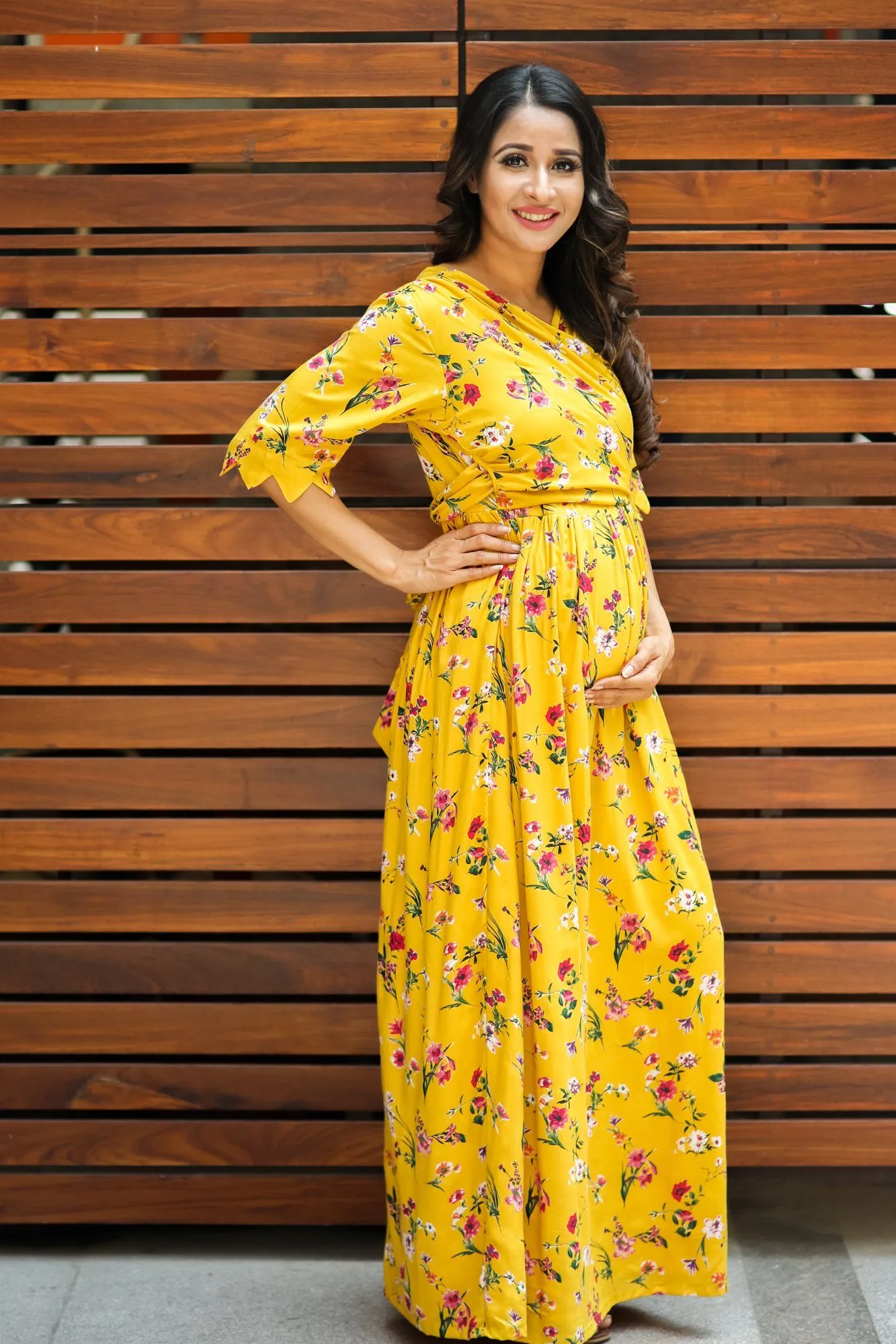 Sunny Yellow Blossom Maternity& Nursing Wrap Dress