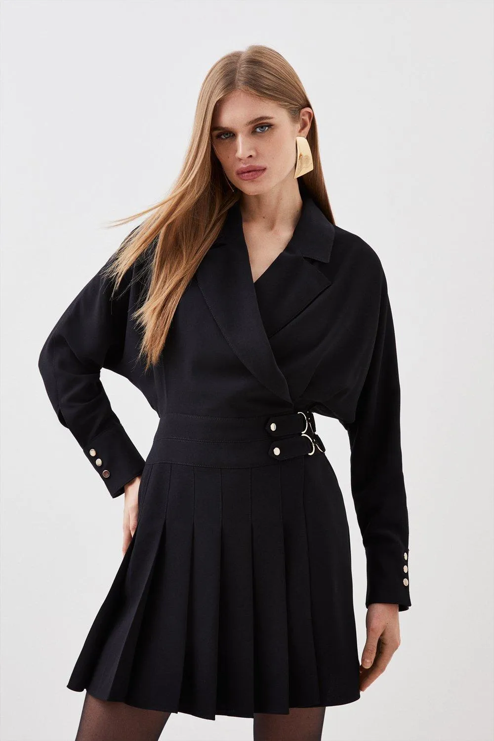 Tailored Crepe Pleated Skirt Wrap Mini Shirt Dress | Karen Millen