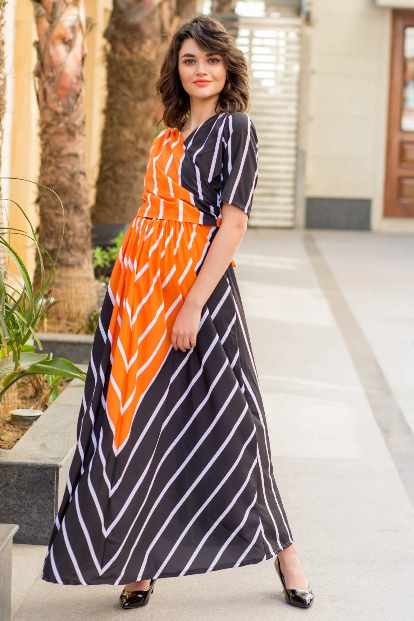 Tangerine Jade Striped Maternity & Nursing Wrap Dress