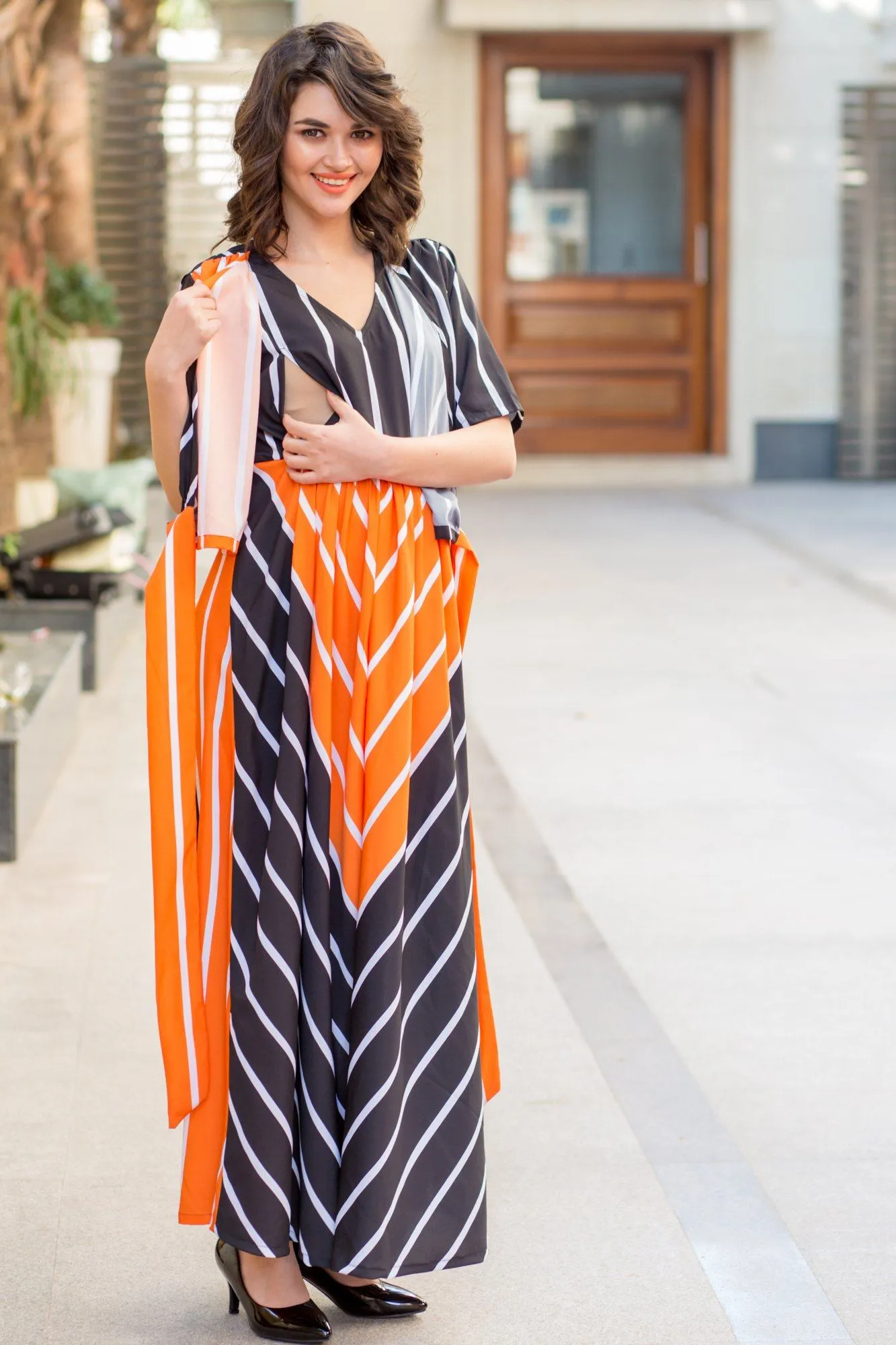 Tangerine Jade Striped Maternity & Nursing Wrap Dress