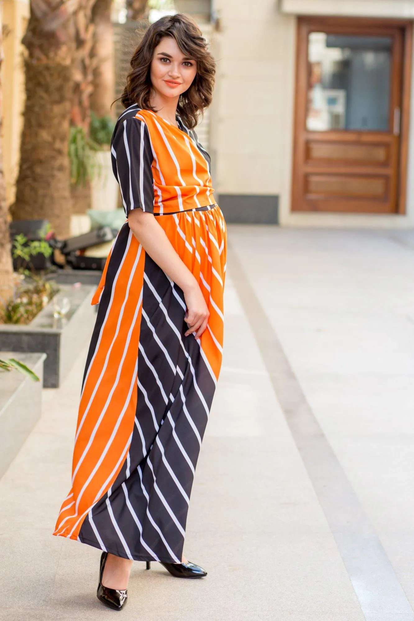 Tangerine Jade Striped Maternity & Nursing Wrap Dress