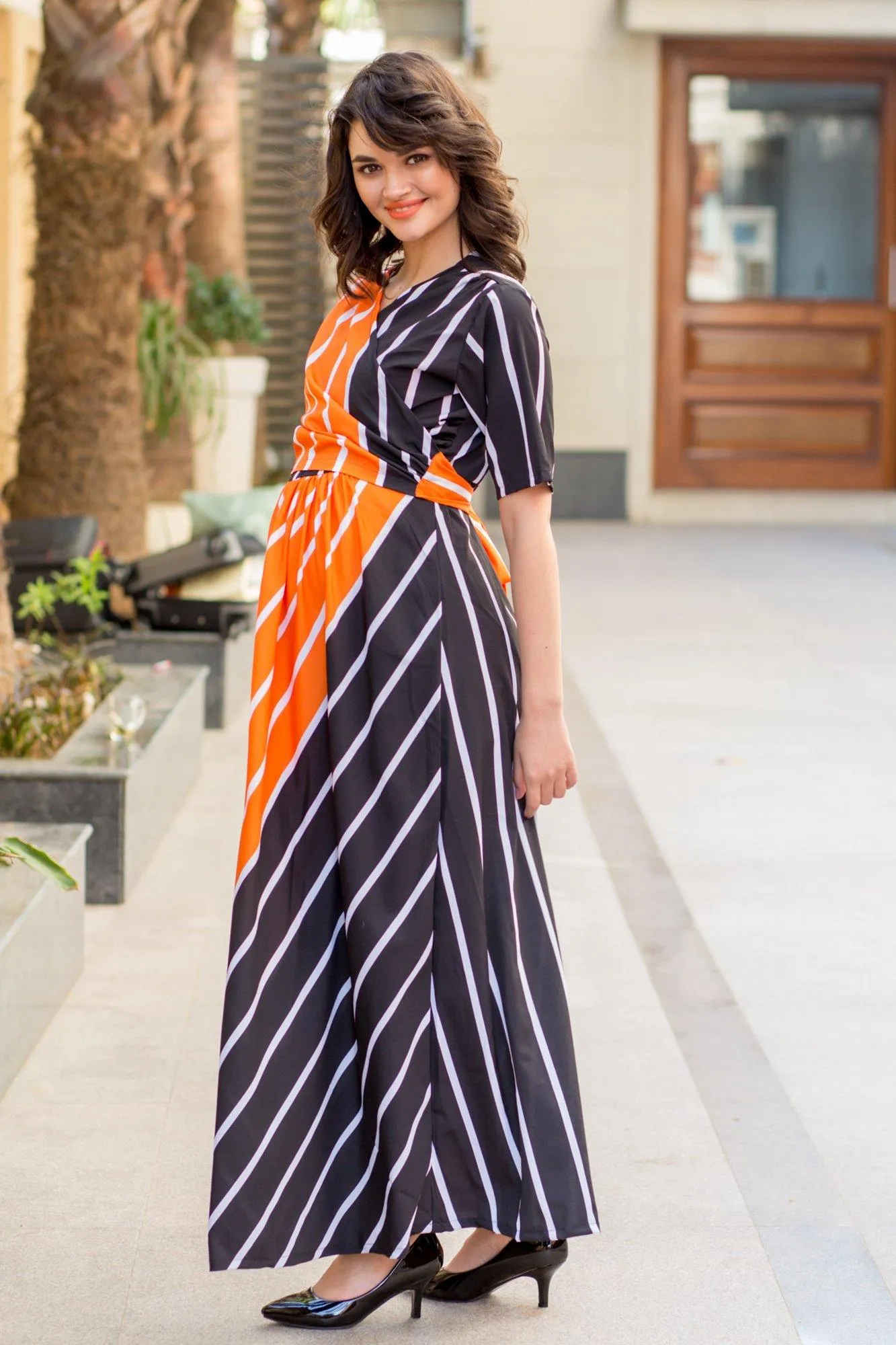 Tangerine Jade Striped Maternity & Nursing Wrap Dress