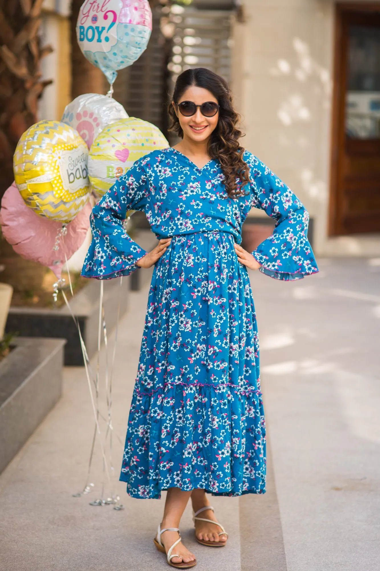 Teal Blossom Frill Maternity & Nursing Wrap Dress