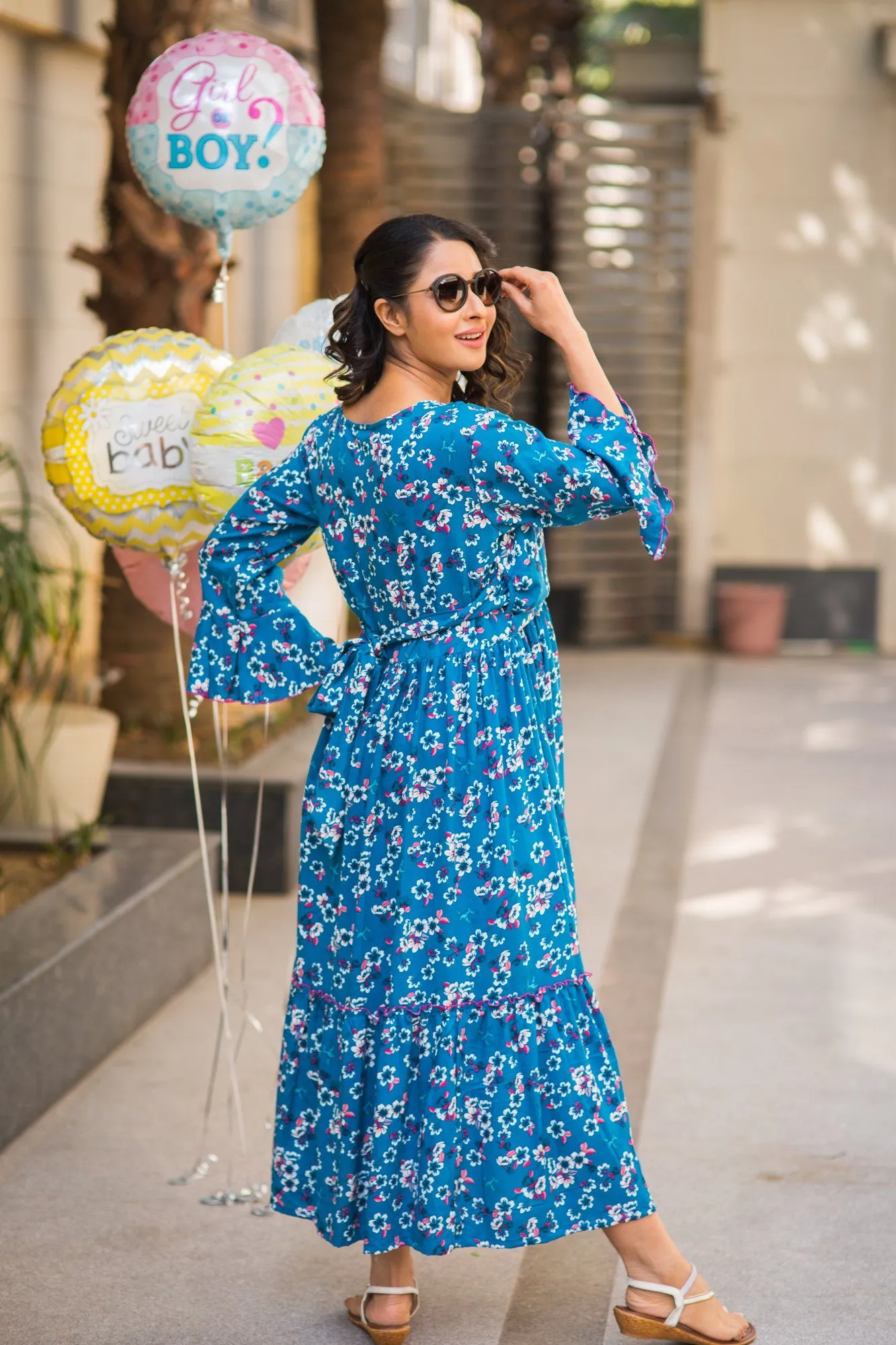 Teal Blossom Frill Maternity & Nursing Wrap Dress