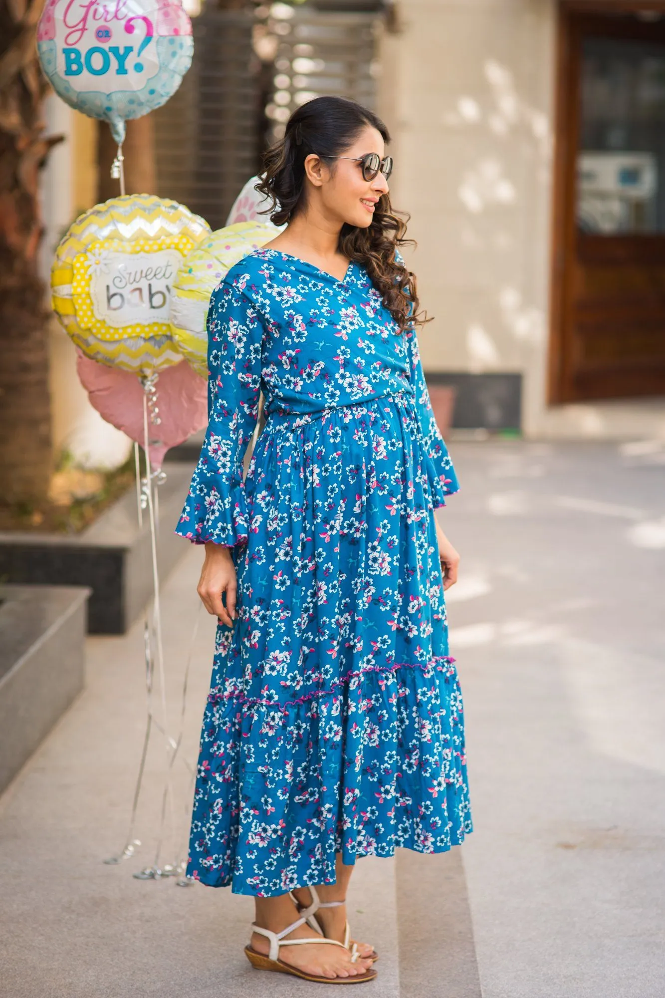 Teal Blossom Frill Maternity & Nursing Wrap Dress