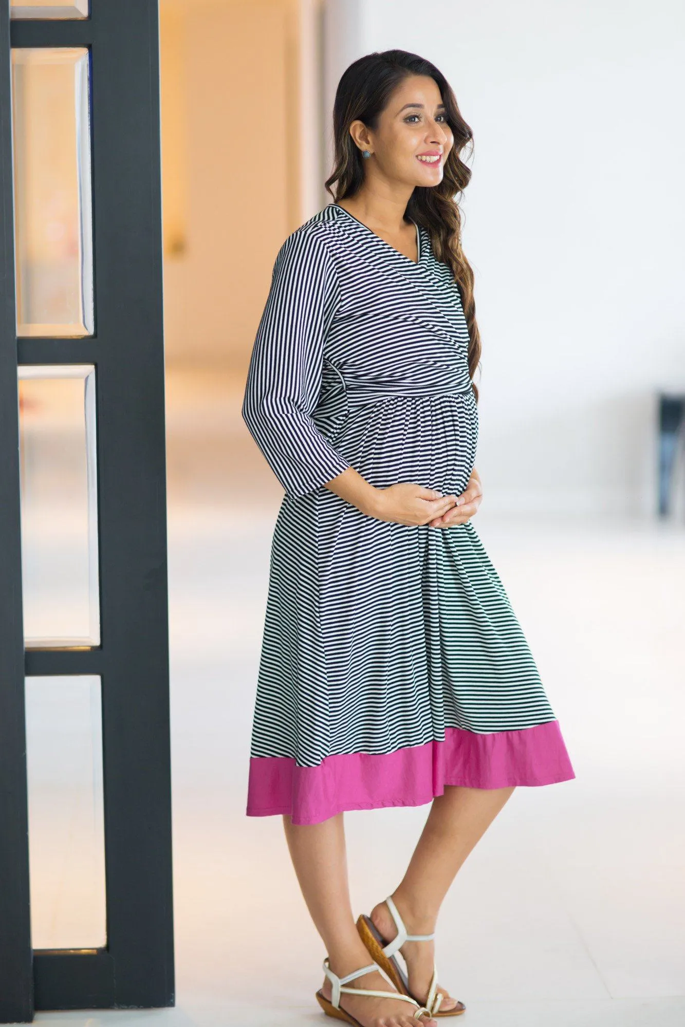 Timeless Striped & Fuchsia Maternity & Nursing Wrap Dress