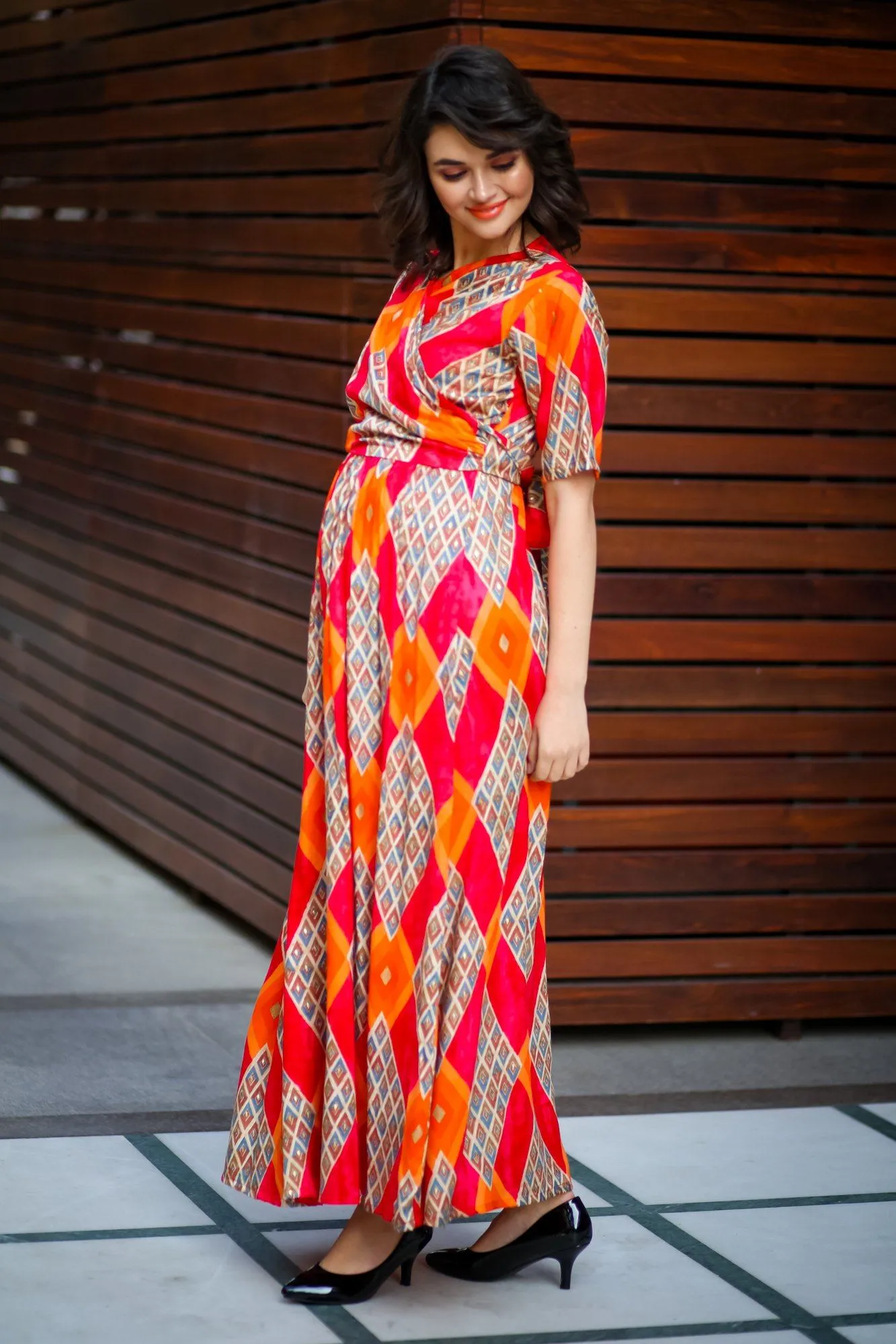 Trinity Orange Maternity & Nursing Wrap Dress