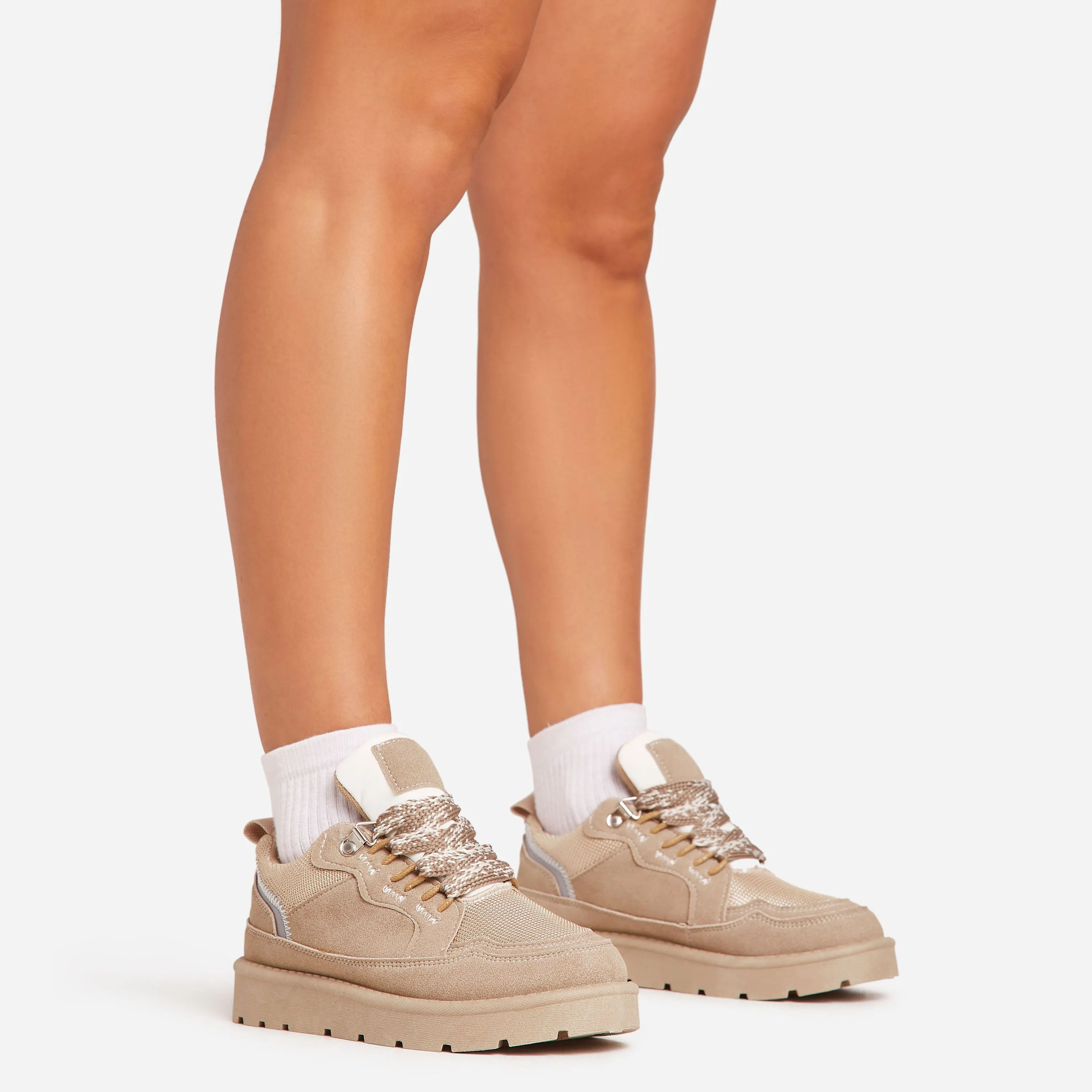 Tulay Lace Up Chunky Trainers In Beige Faux Suede