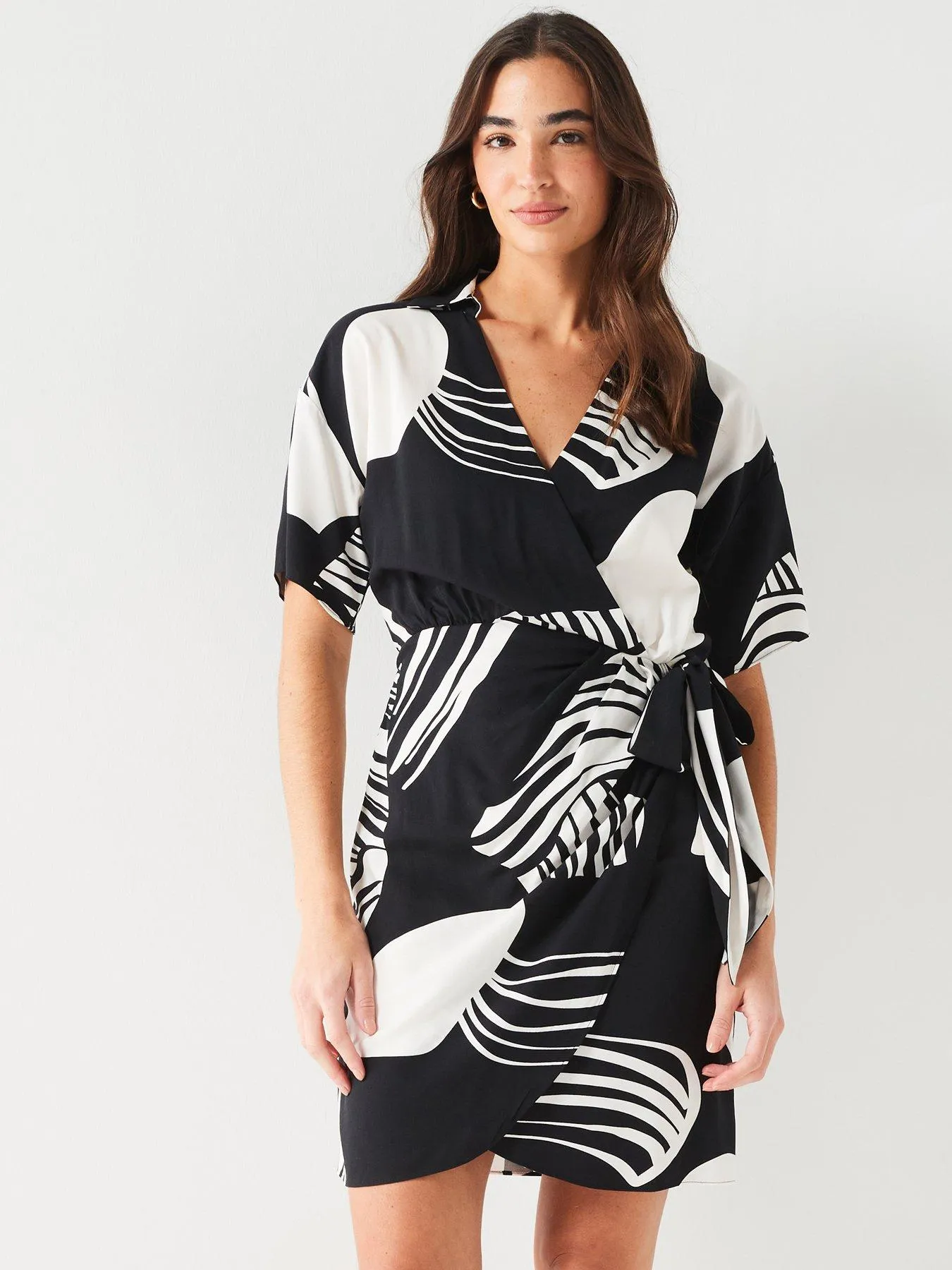 V by Very Short SleeveMini Printed Wrap Dress - Black/White