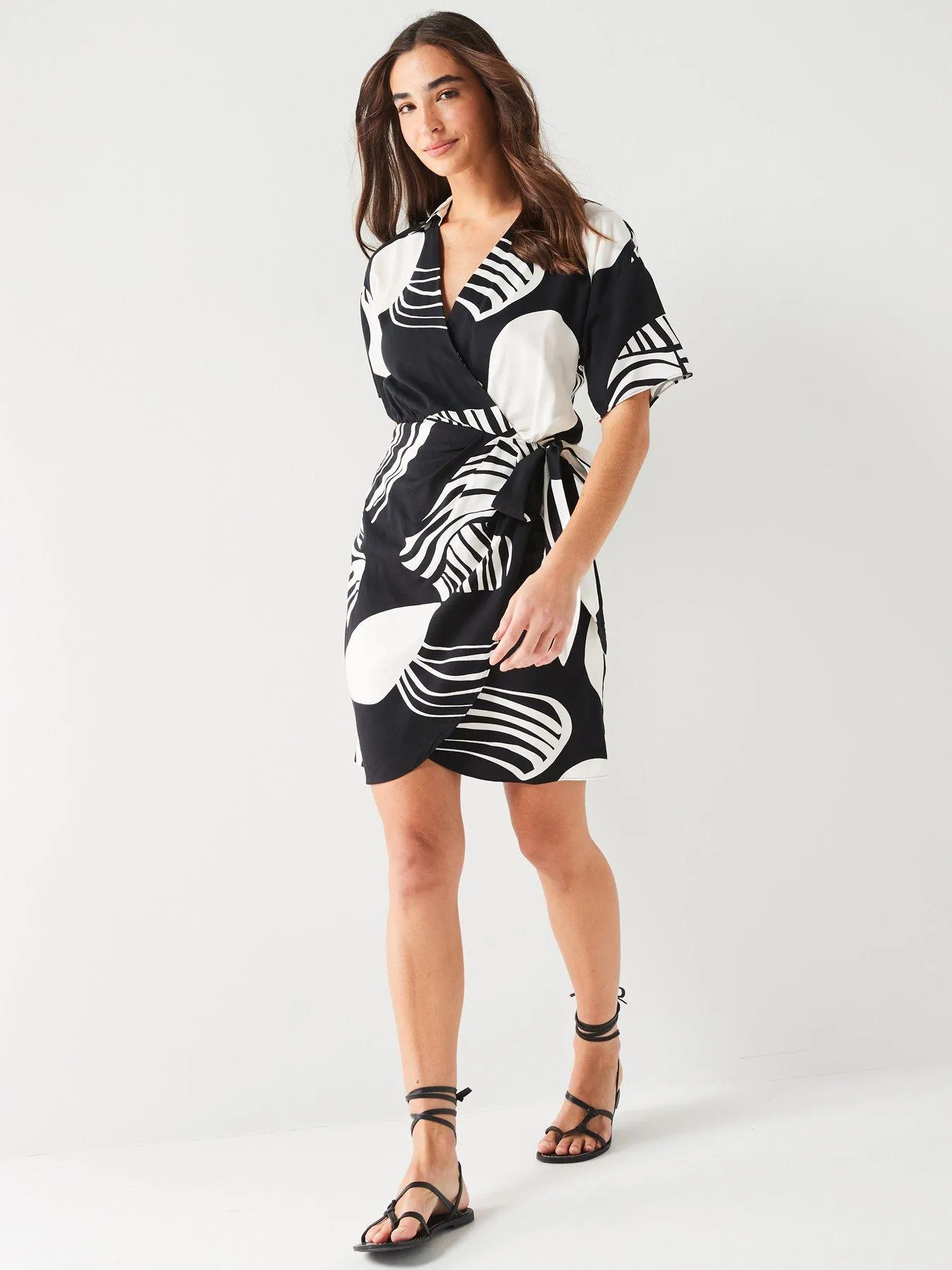 V by Very Short SleeveMini Printed Wrap Dress - Black/White