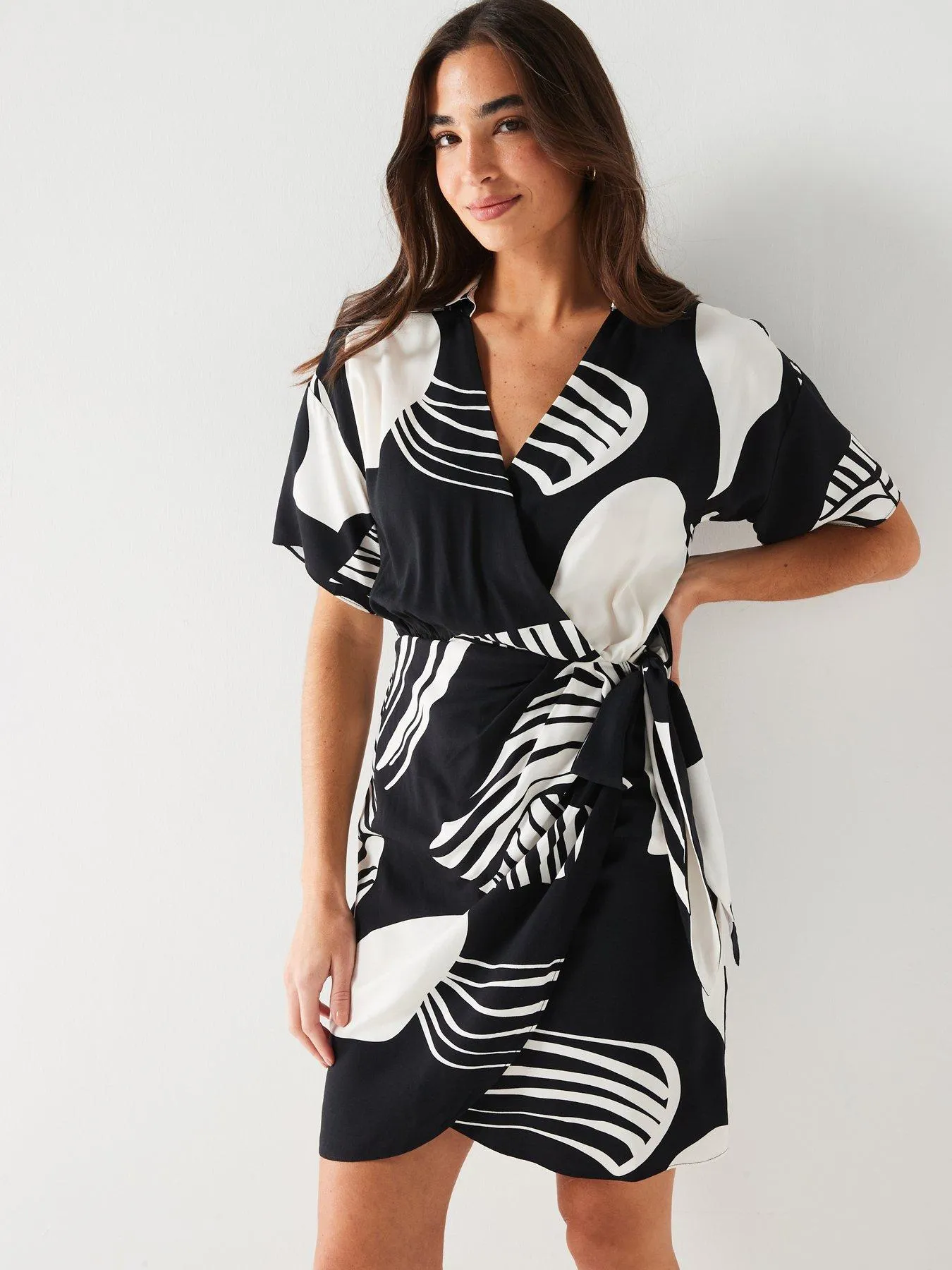 V by Very Short SleeveMini Printed Wrap Dress - Black/White