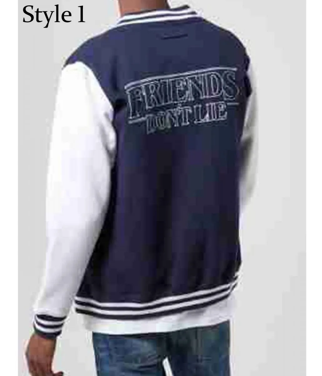 Varsity Friends Don’t Lie Stranger Things Blue and White Jacket