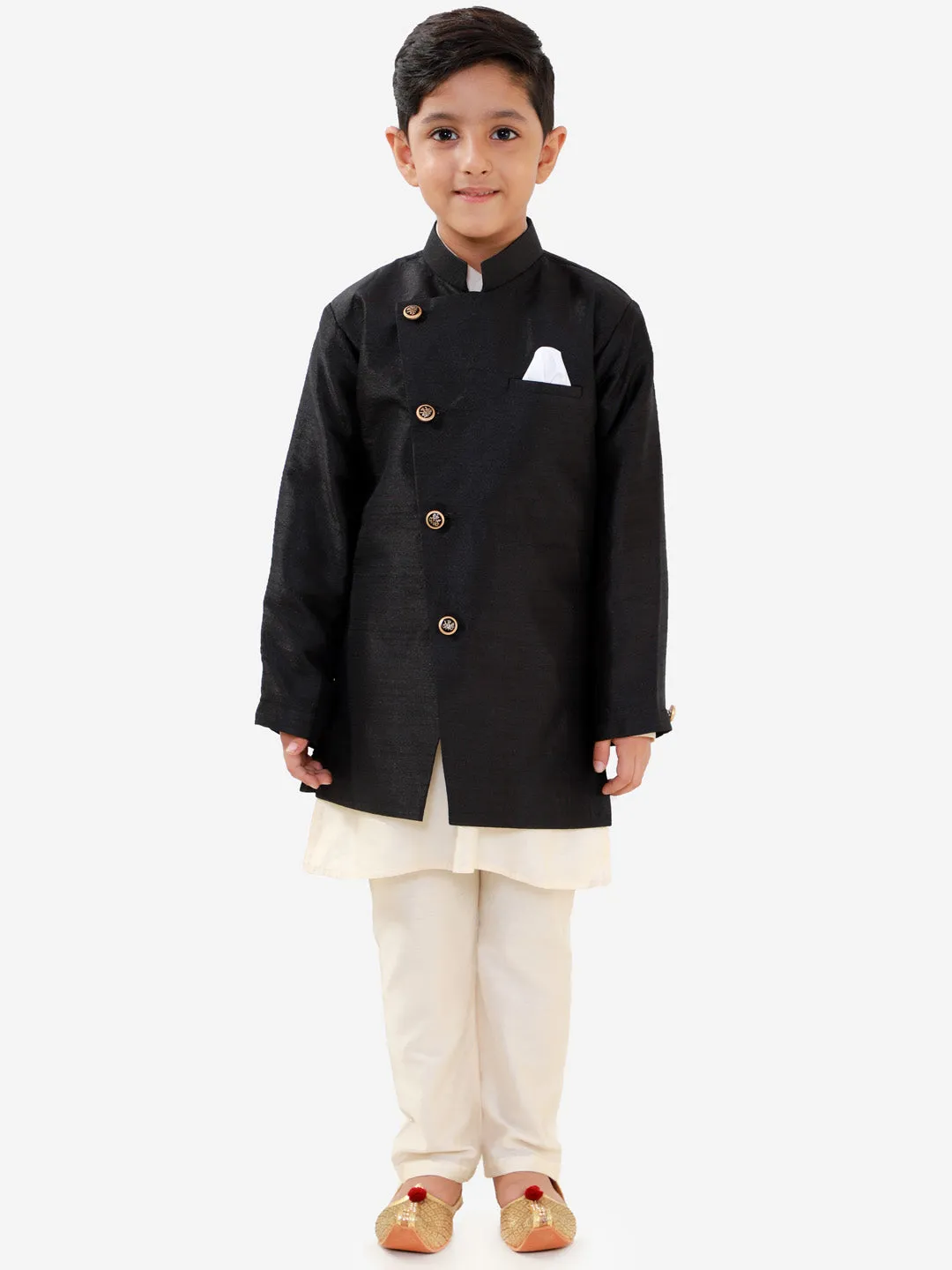 Vastramay Boys' Black Silk Blend Jacket, Kurta and Pyjama Set