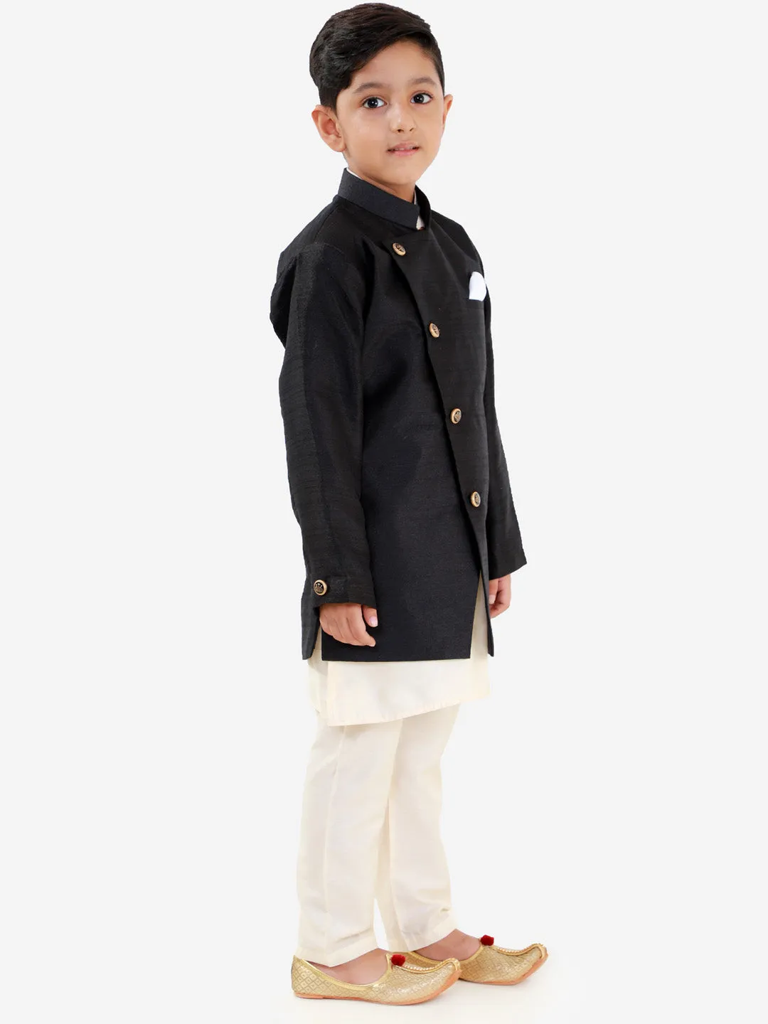 Vastramay Boys' Black Silk Blend Jacket, Kurta and Pyjama Set