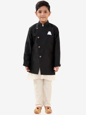 Vastramay Boys' Black Silk Blend Jacket, Kurta and Pyjama Set