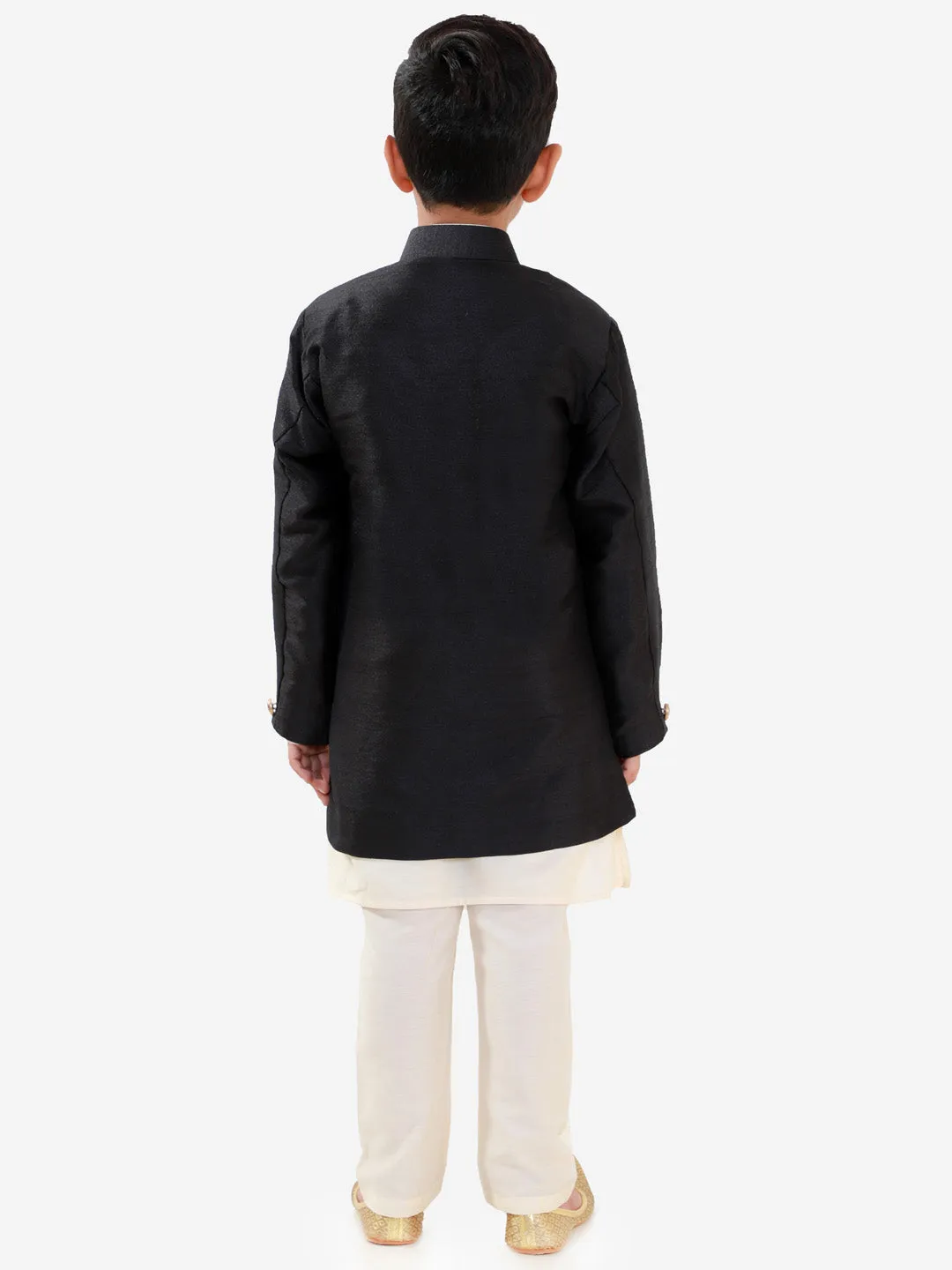 Vastramay Boys' Black Silk Blend Jacket, Kurta and Pyjama Set