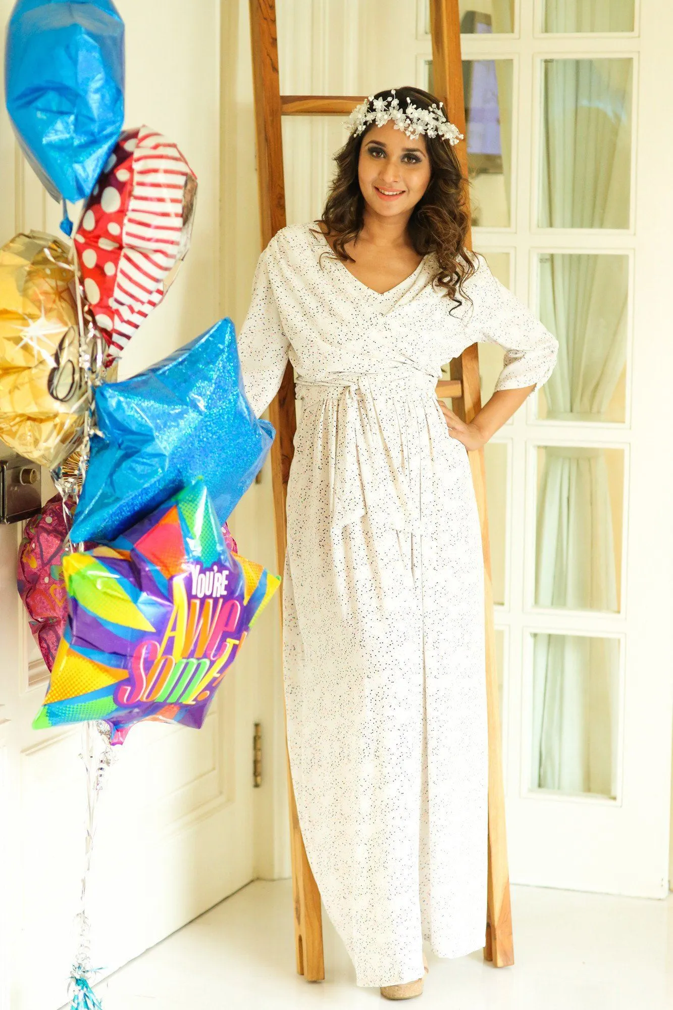 White Sprinkle Maternity & Nursing Wrap Dress