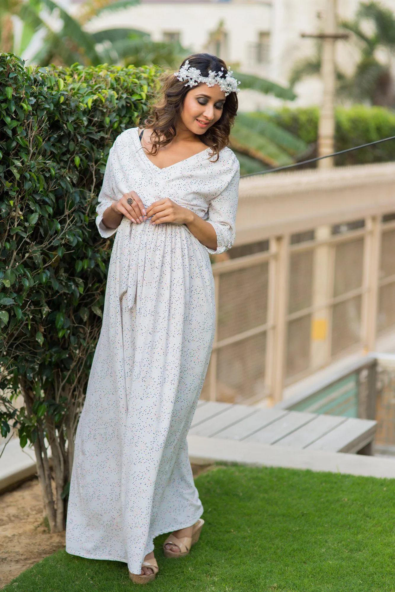 White Sprinkle Maternity & Nursing Wrap Dress