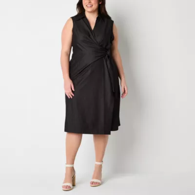 Worthington Womens Plus Sleeveless Midi Wrap Dress