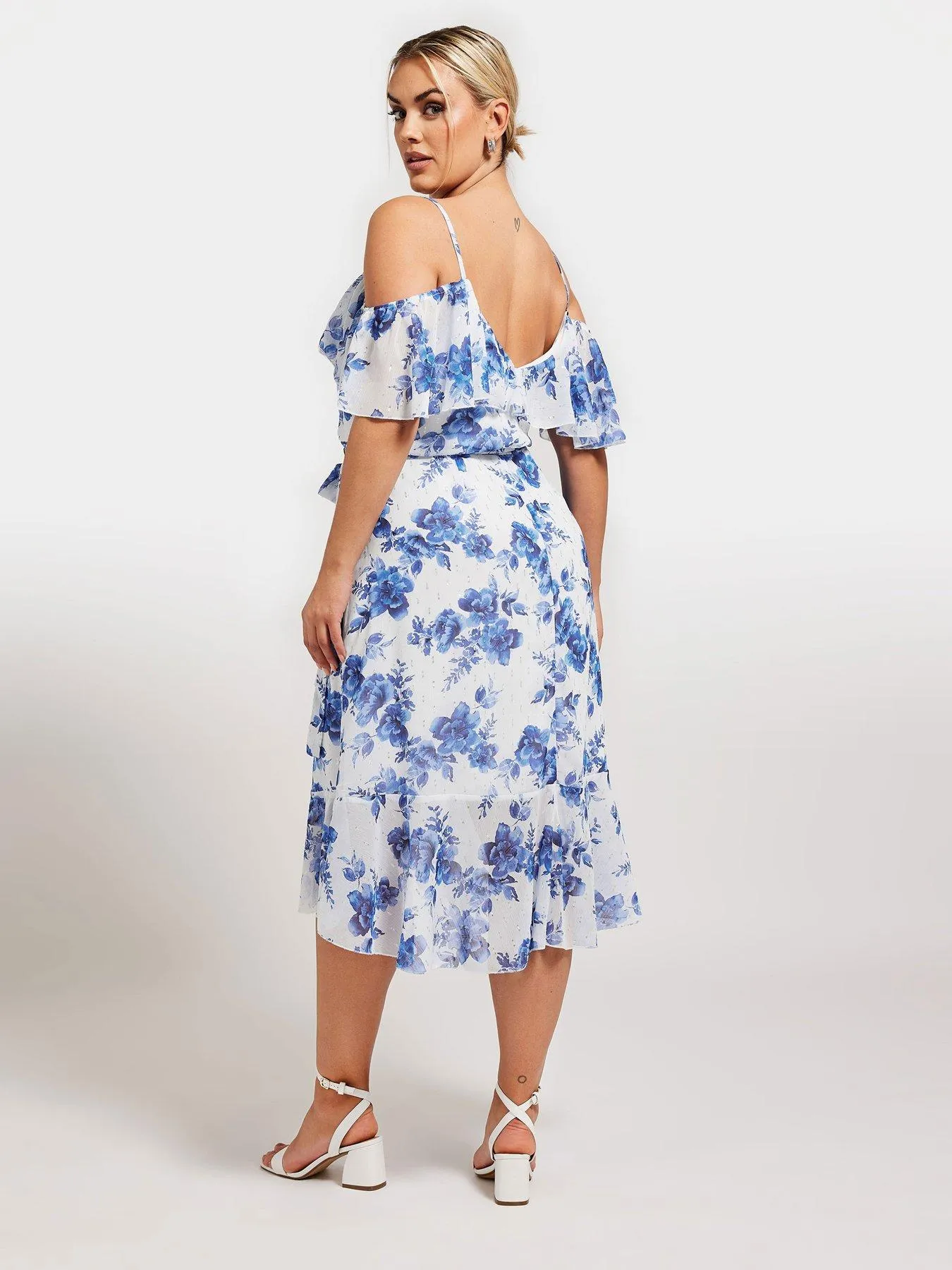 Yours Curve Floral Cold Shoulder Metallic Dobby Wrap Dress