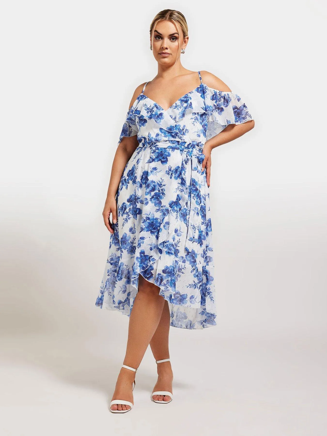 Yours Curve Floral Cold Shoulder Metallic Dobby Wrap Dress