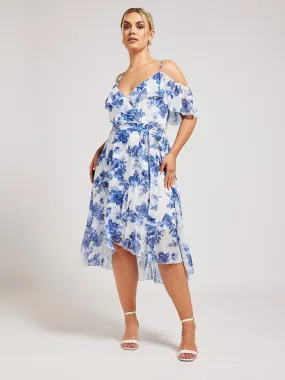 Yours Curve Floral Cold Shoulder Metallic Dobby Wrap Dress