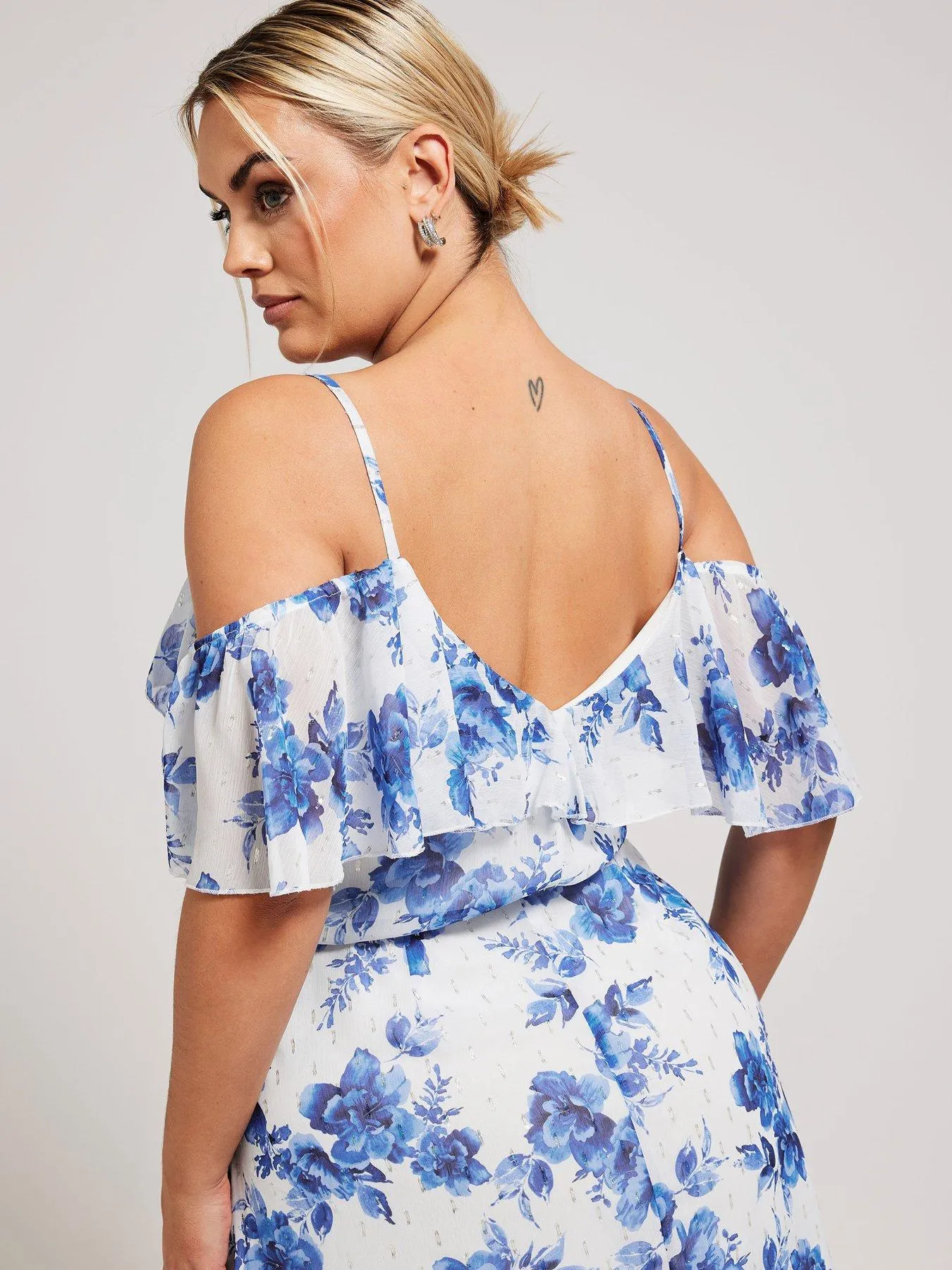 Yours Curve Floral Cold Shoulder Metallic Dobby Wrap Dress