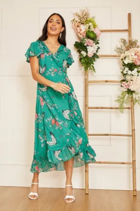 Yumi Green Satin Crane Print Wrap Dress