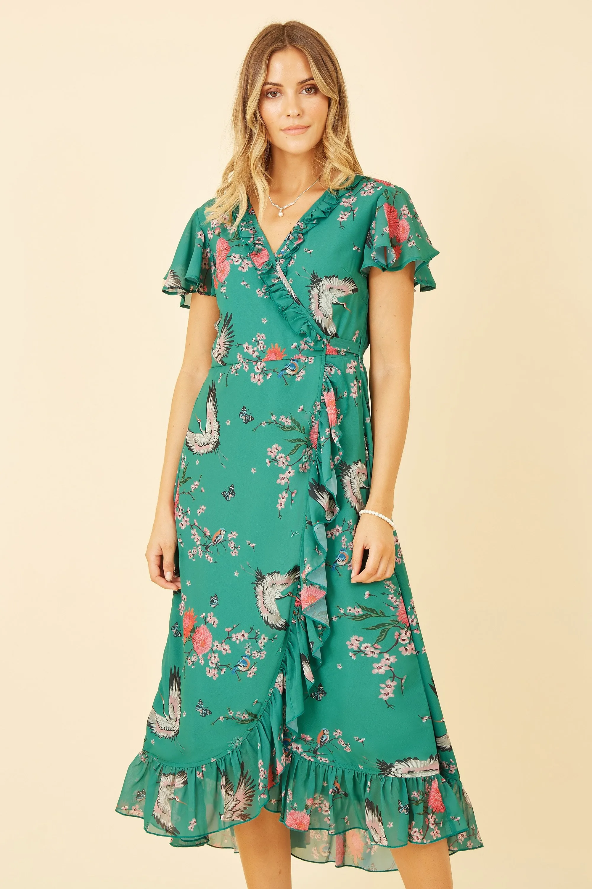 Yumi Green Satin Crane Print Wrap Dress