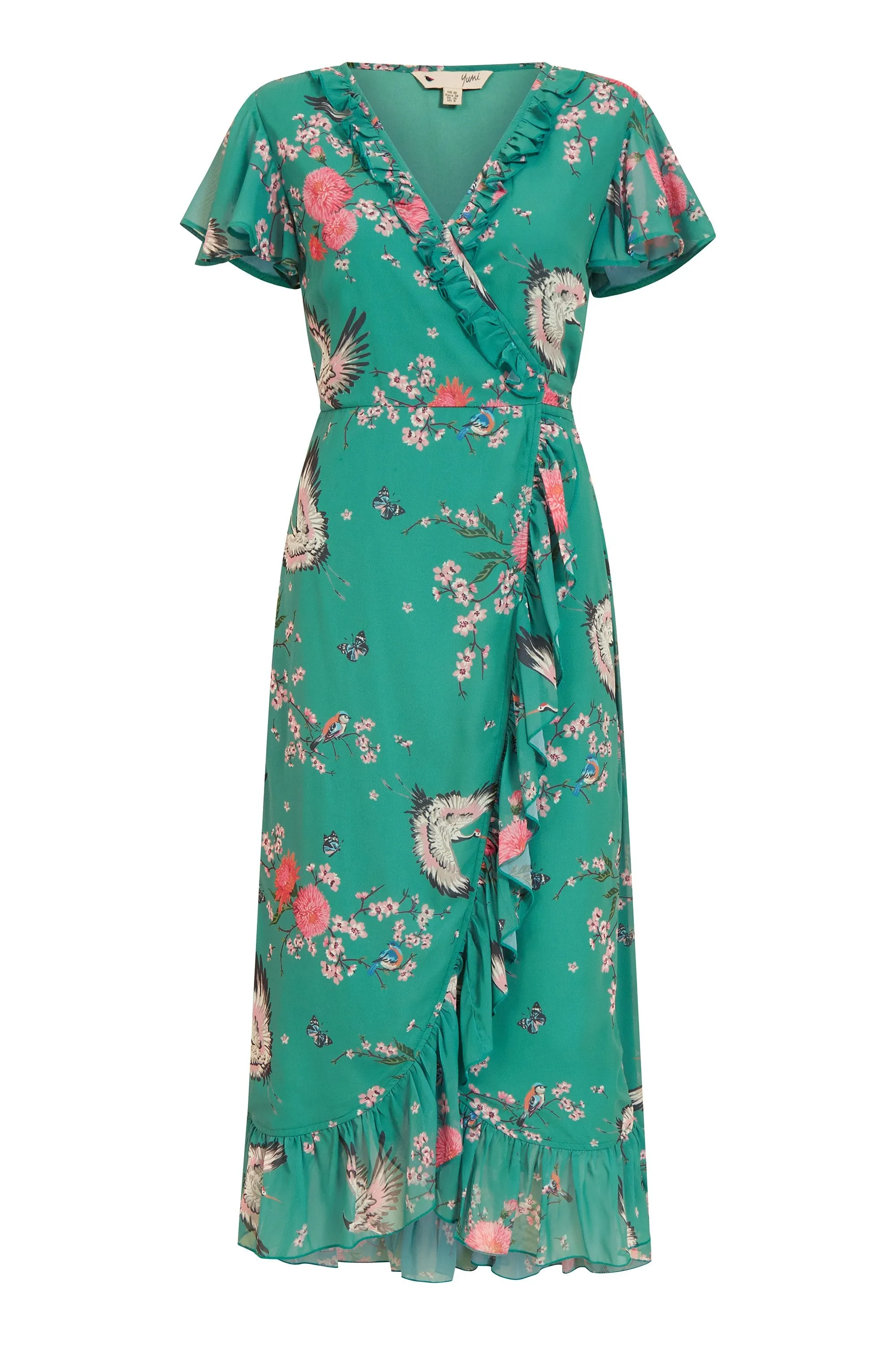 Yumi Green Satin Crane Print Wrap Dress