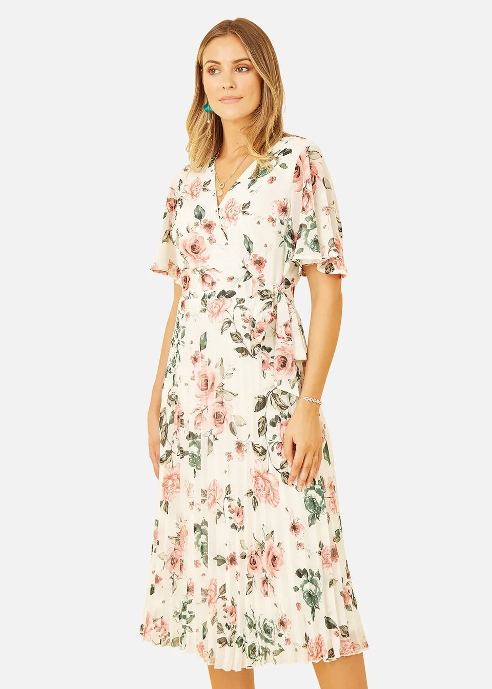 Yumi Ivory Floral Pleated Wrap Midi Dress