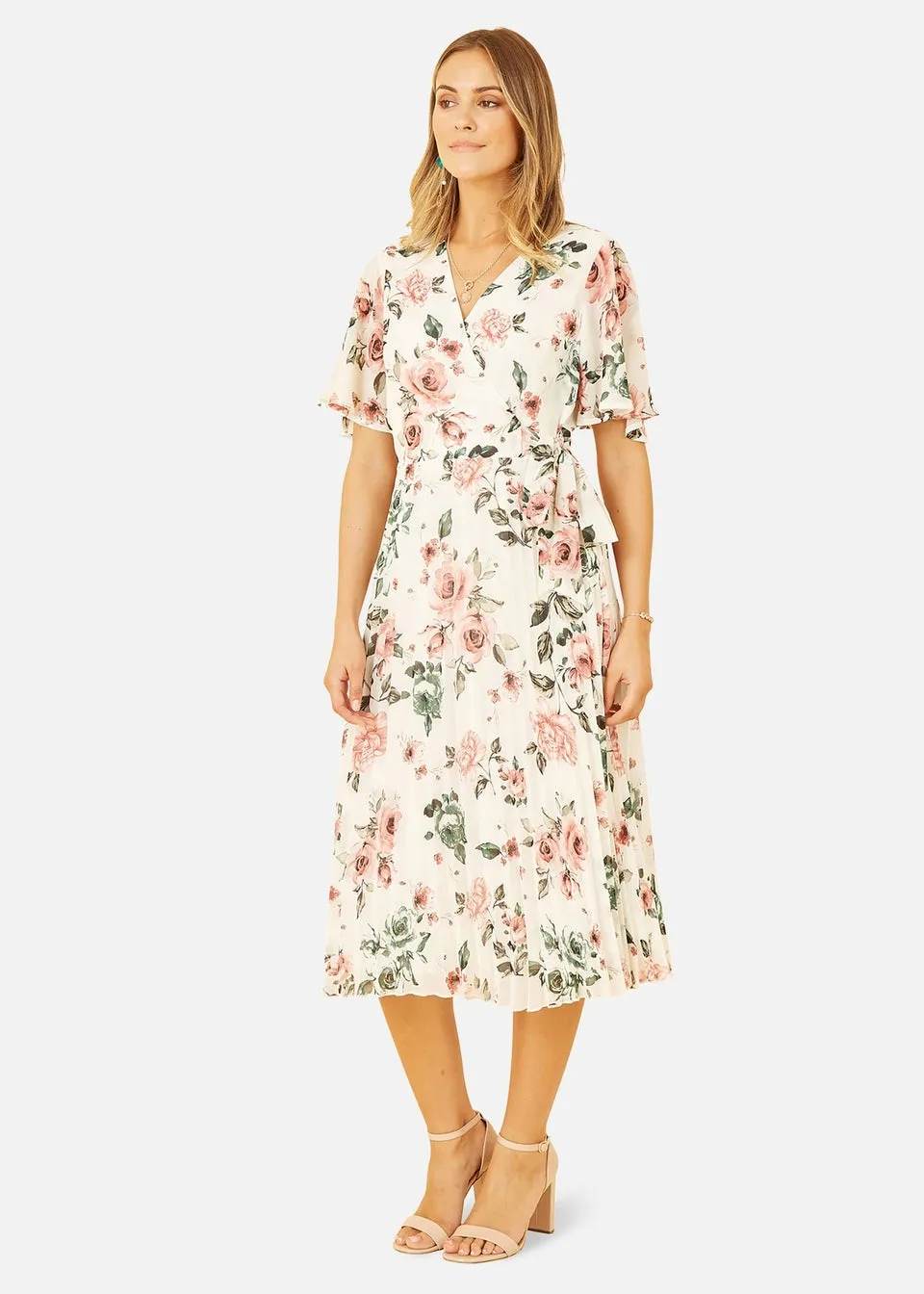 Yumi Ivory Floral Pleated Wrap Midi Dress