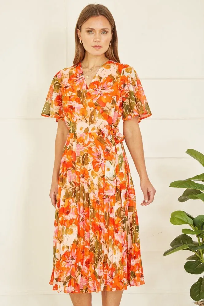 Yumi Orange Floral Midi Wrap Pleated Dress