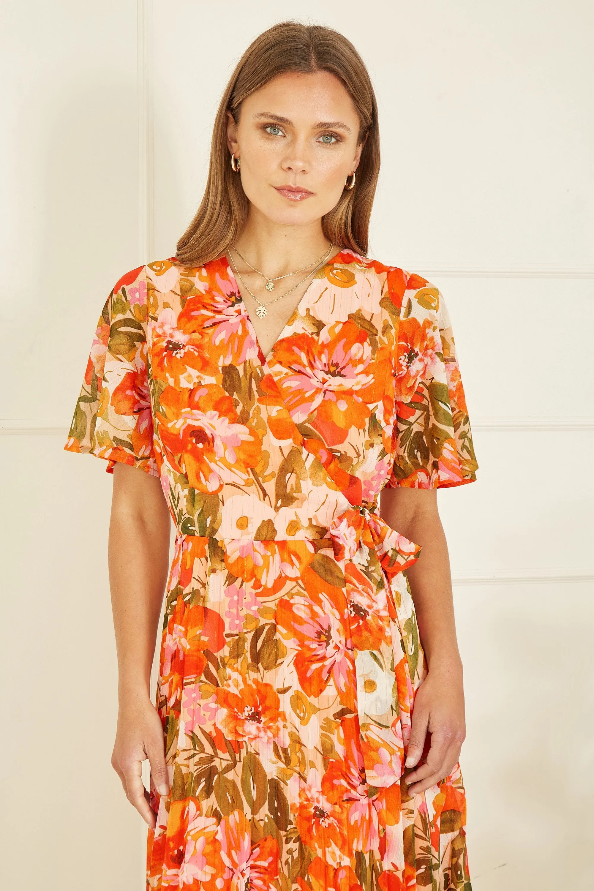 Yumi Orange Floral Midi Wrap Pleated Dress