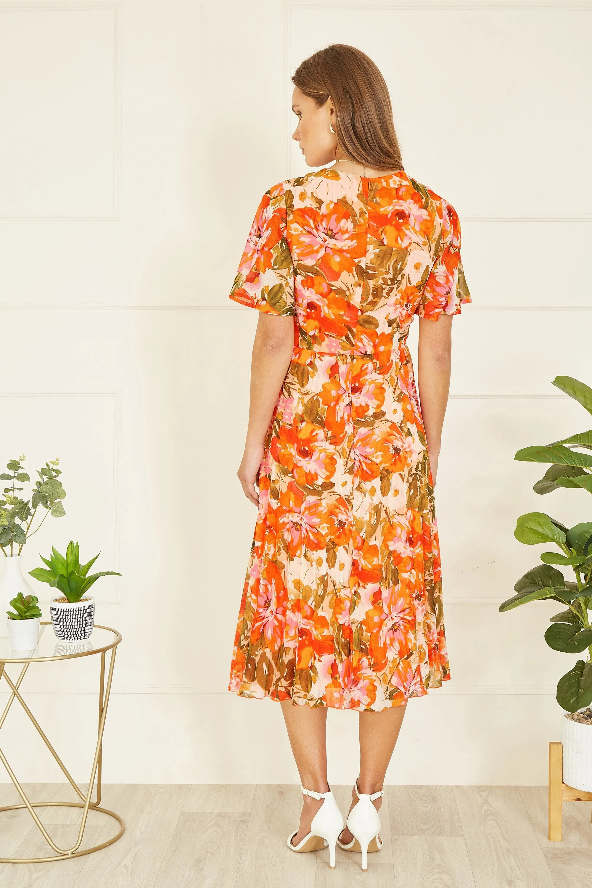 Yumi Orange Floral Midi Wrap Pleated Dress