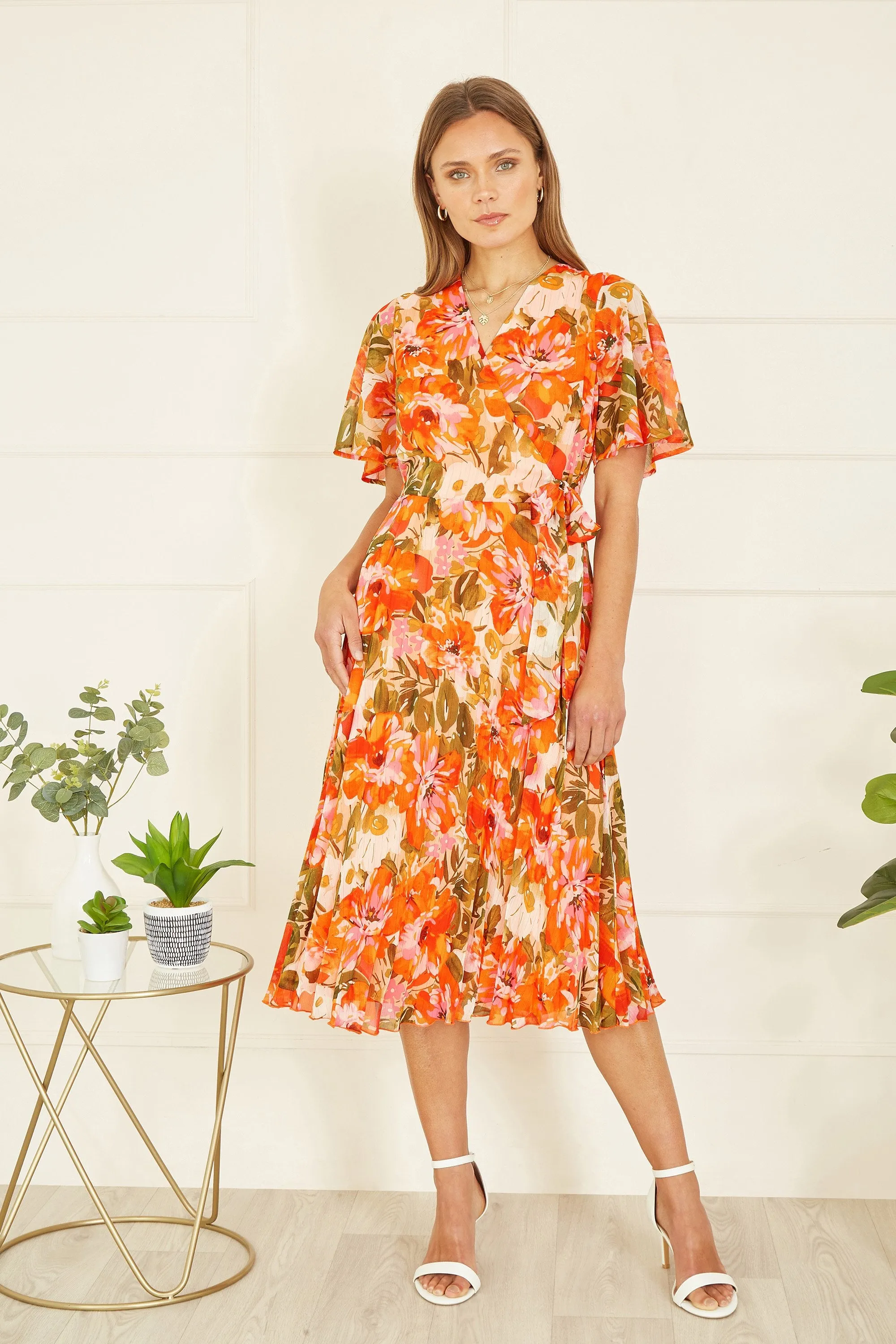 Yumi Orange Floral Midi Wrap Pleated Dress