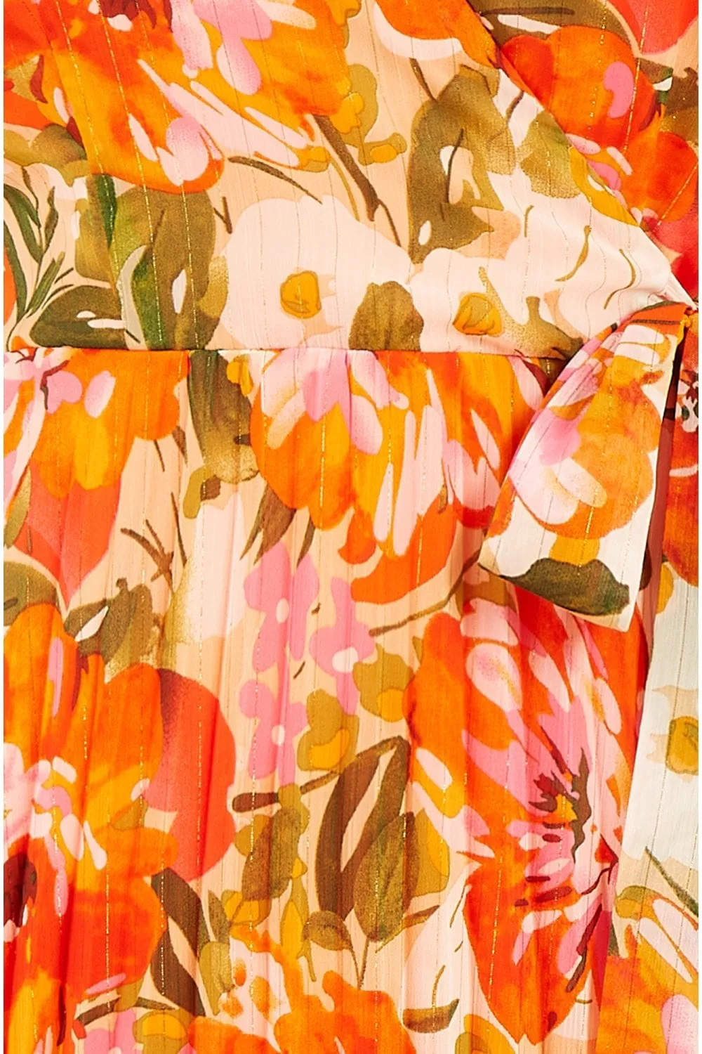 Yumi Orange Floral Midi Wrap Pleated Dress