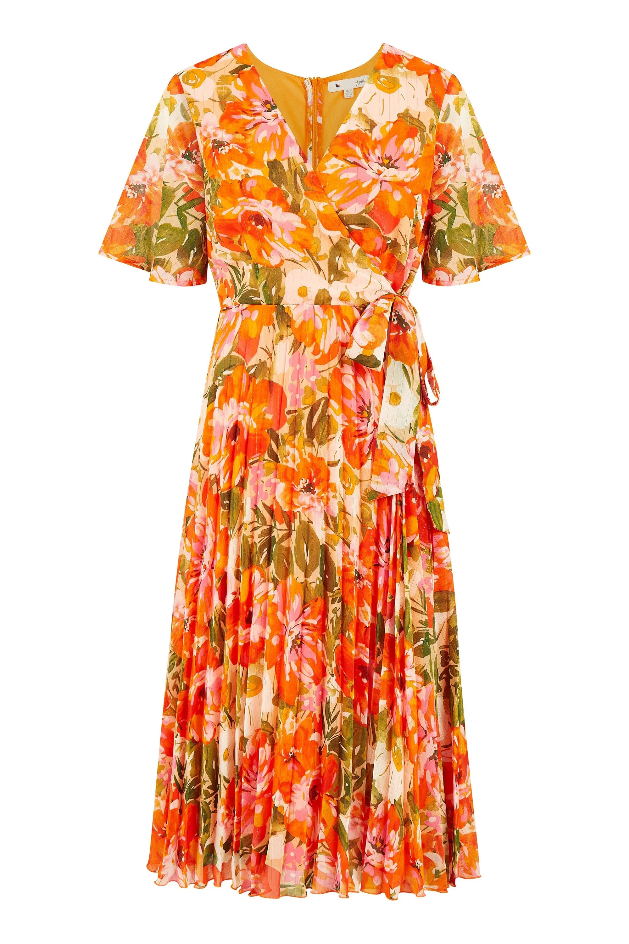 Yumi Orange Floral Midi Wrap Pleated Dress